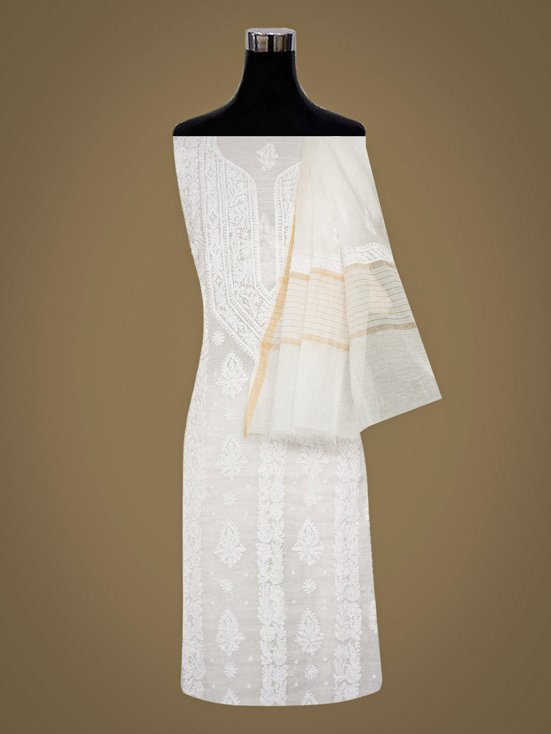 Ada Hand Embroidered White Chanderi Unstitched Lucknowi Chikankari Kurta Dupatta Set With Pearl Work 01A972823
