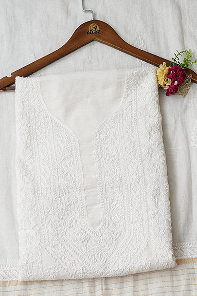 Ada Hand Embroidered White Chanderi Unstitched Lucknowi Chikankari Kurta Dupatta Set With Pearl Work 01A972823