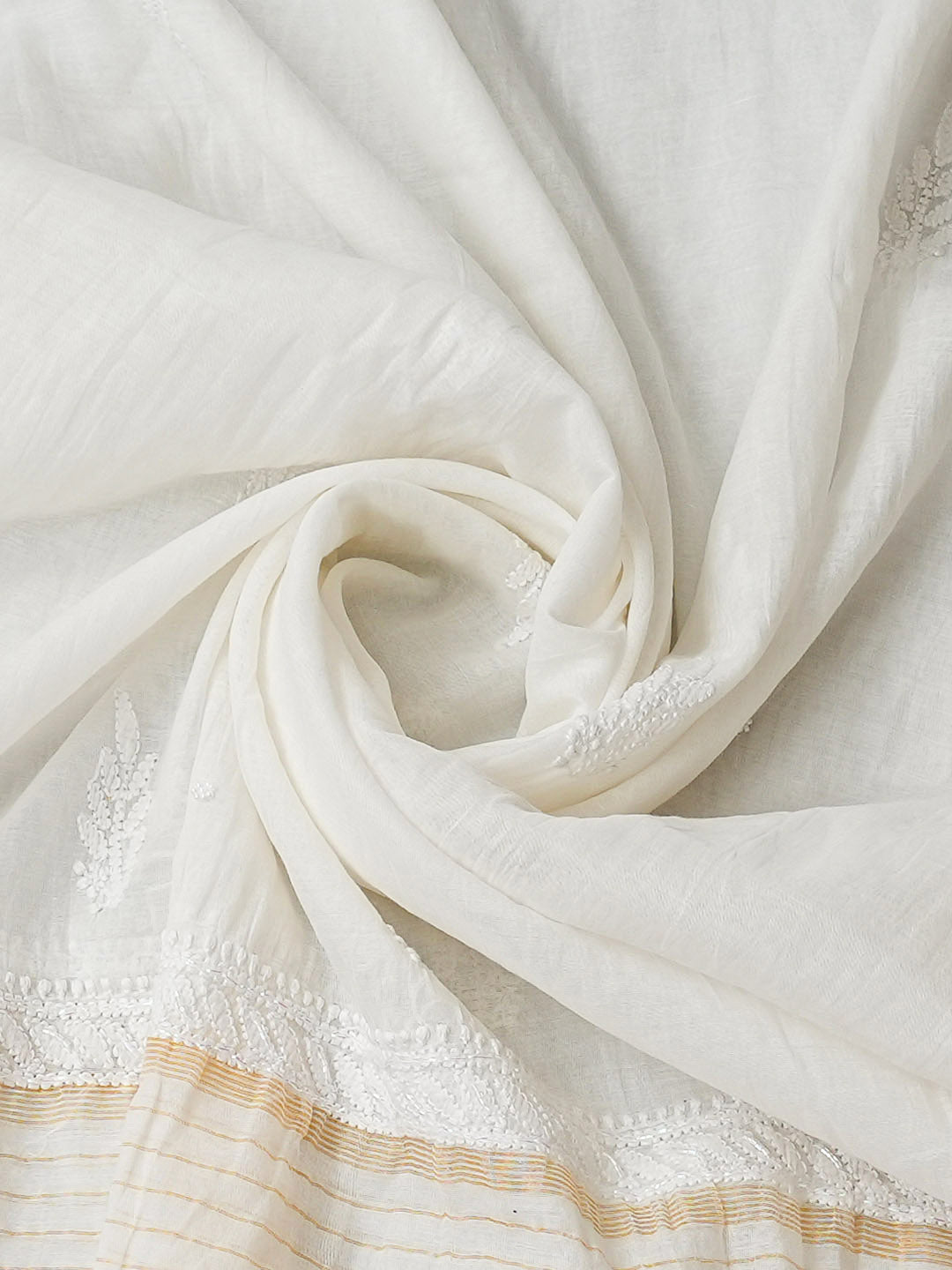 Ada Hand Embroidered White Chanderi Unstitched Lucknowi Chikankari Kurta Dupatta Set With Pearl Work 01A972823