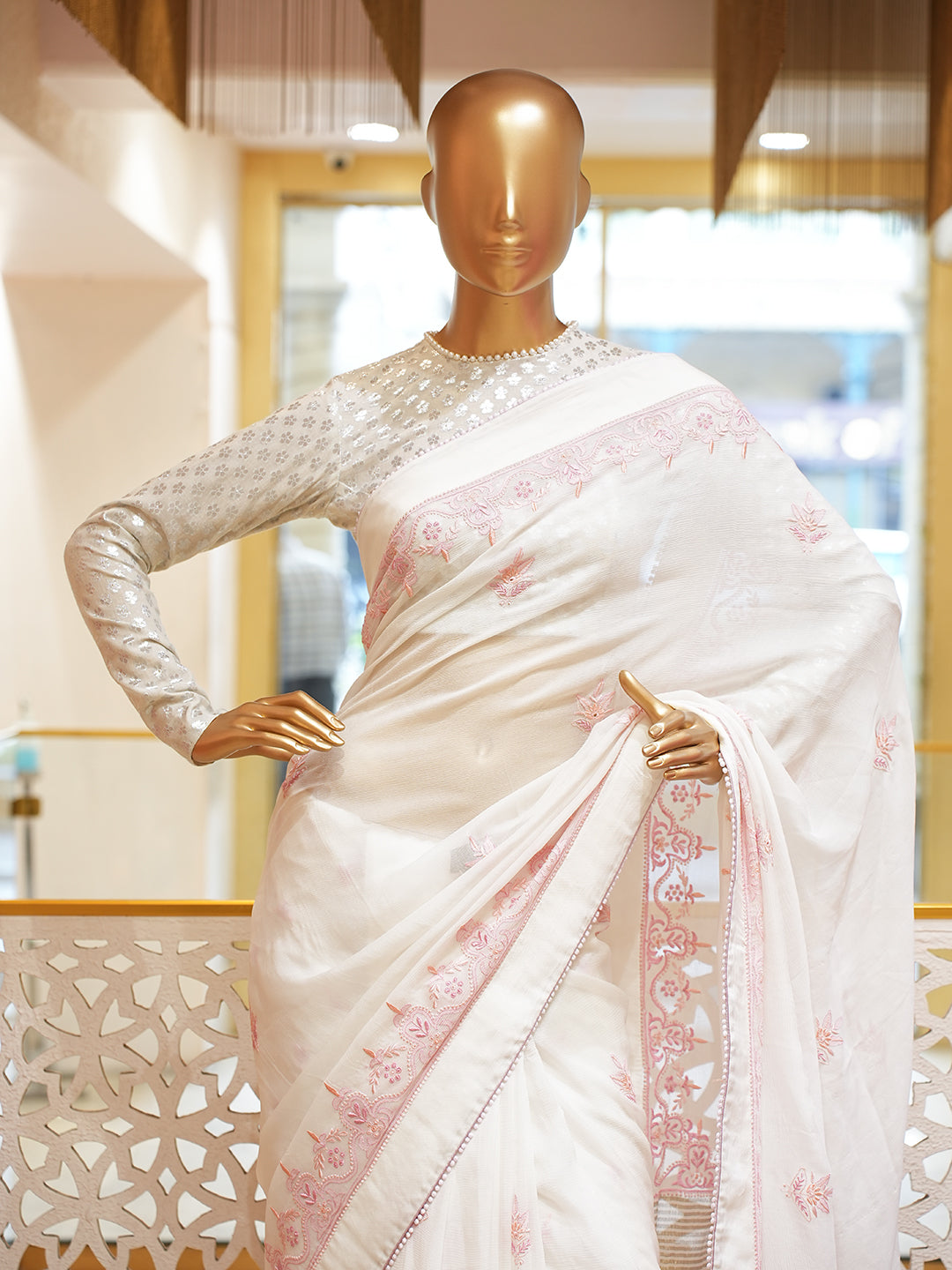 Ada Hand Embroidered White Chiffon Lucknowi Chikankari Saree With Blouse 01A932629