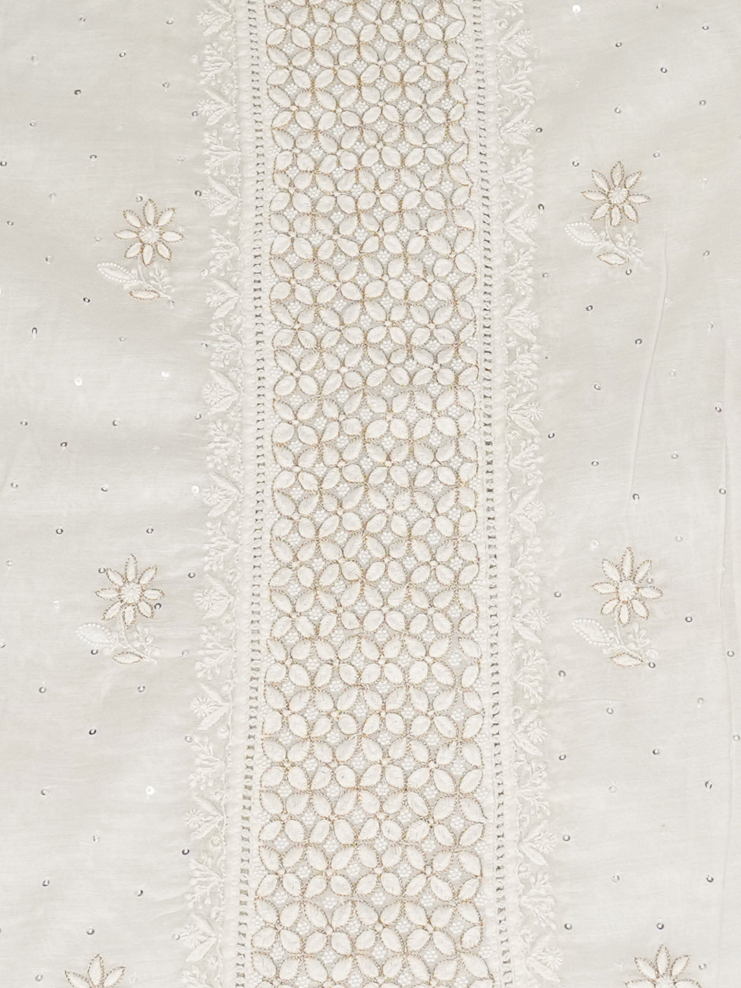 Ada Hand Embroidered White Cornsilk Chanderi Lucknowi Chikankari Semi-Stitched Kurta Dupatta Set With Cutdana Work 01A899362