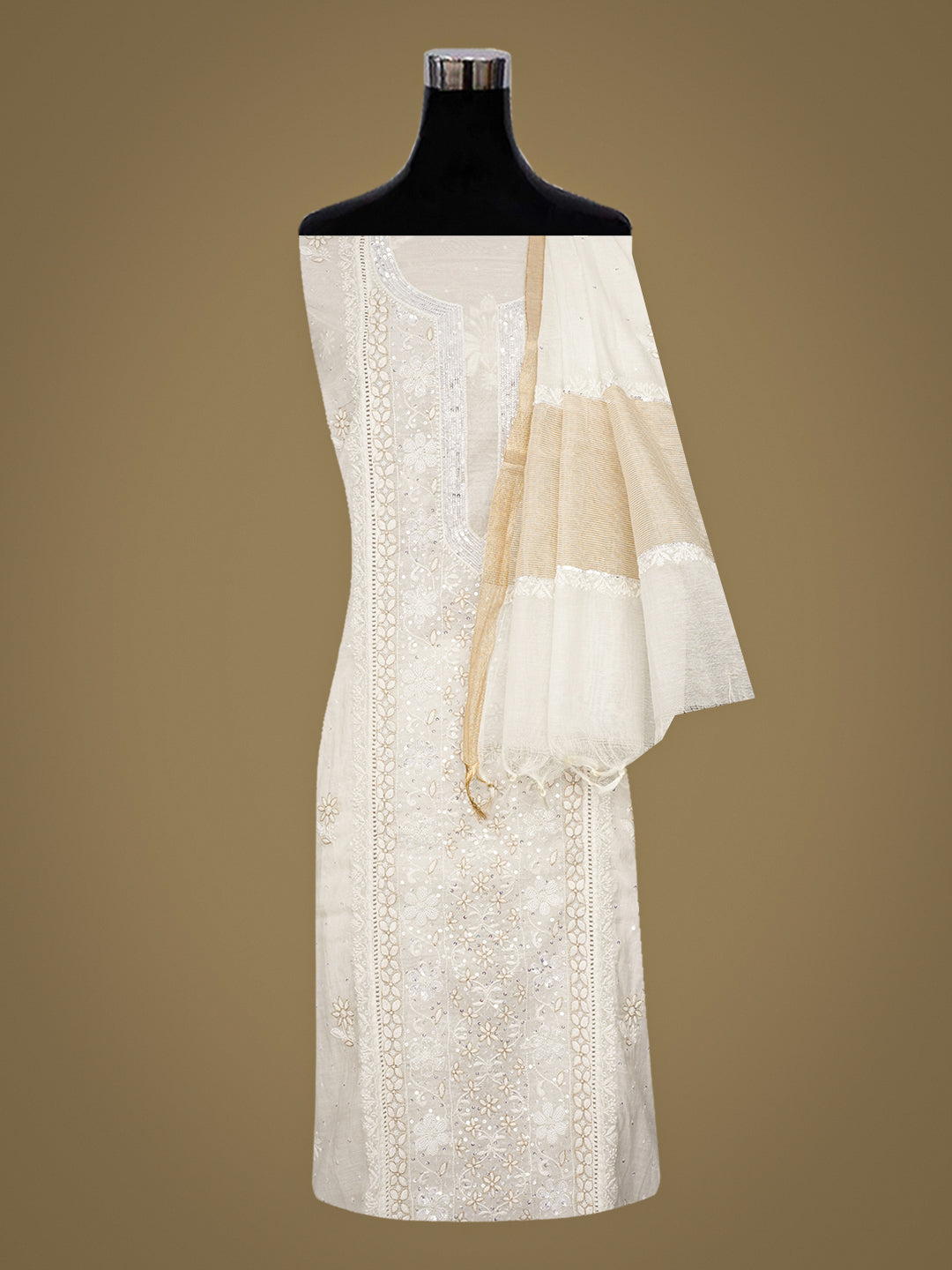 Ada Hand Embroidered White Cornsilk Chanderi Lucknowi Chikankari Semi-Stitched Kurta Dupatta Set With Cutdana Work 01A899362