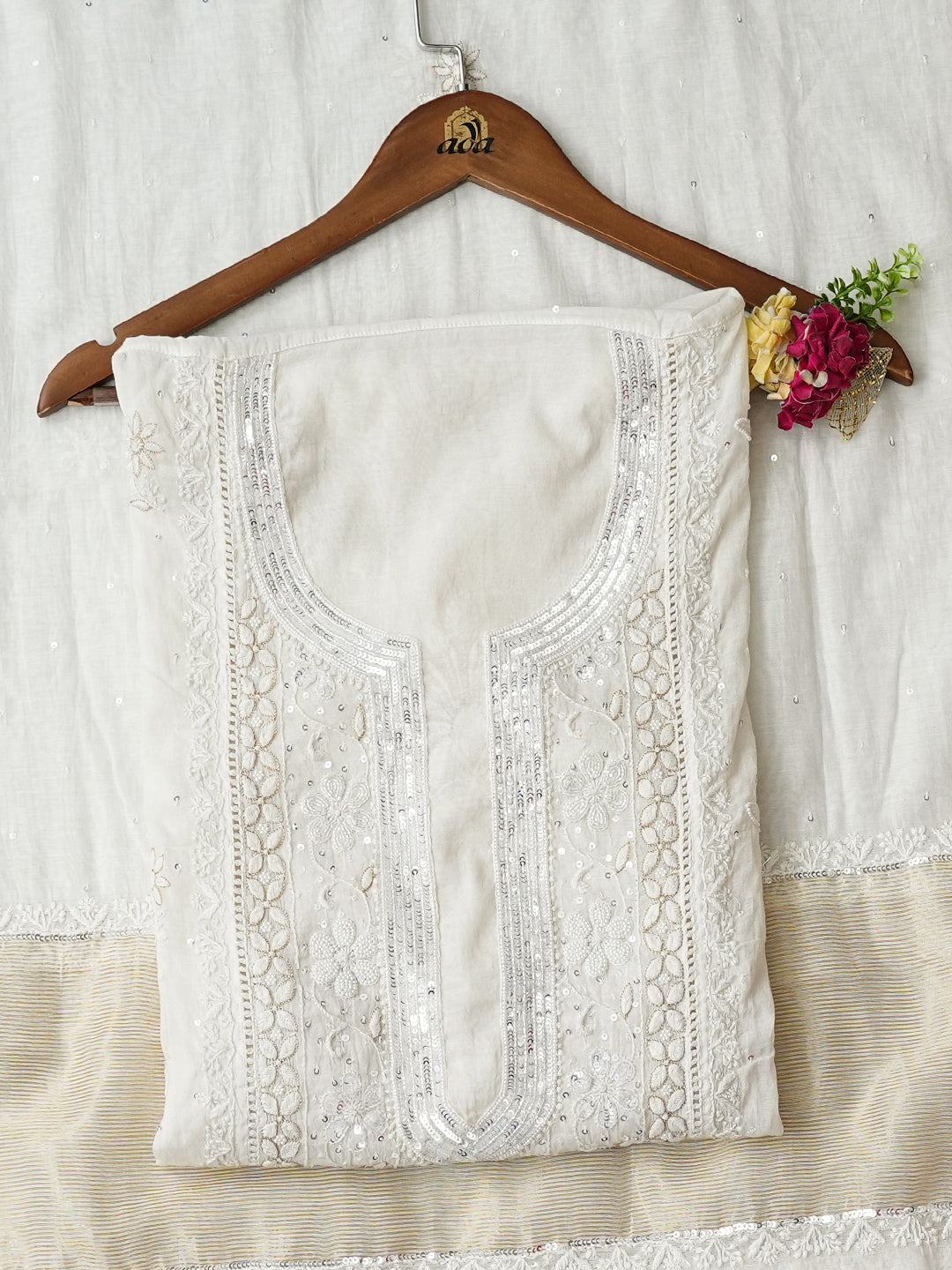 Ada Hand Embroidered White Cornsilk Chanderi Lucknowi Chikankari Semi-Stitched Kurta Dupatta Set With Cutdana Work 01A899362