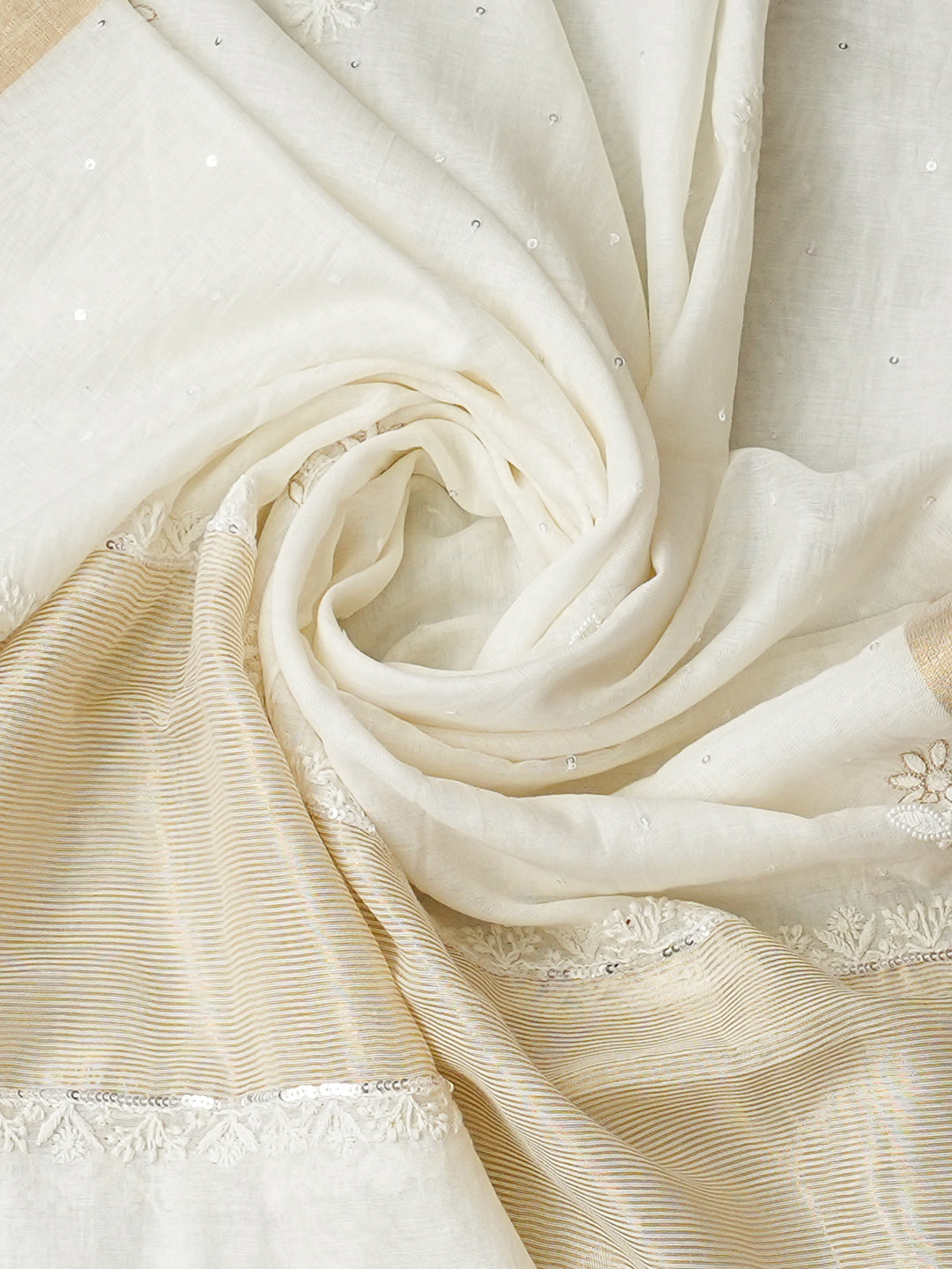 Ada Hand Embroidered White Cornsilk Chanderi Lucknowi Chikankari Semi-Stitched Kurta Dupatta Set With Cutdana Work 01A899362