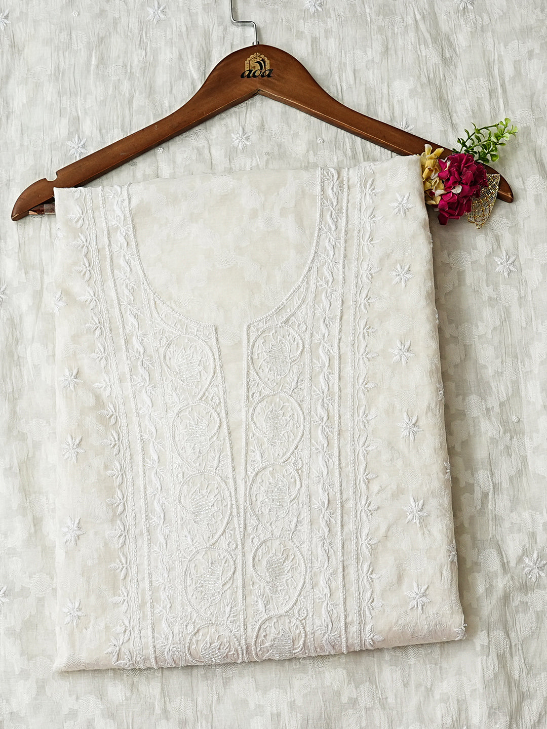 Ada Hand Embroidered White Cornsilk  Chanderi Lucknowi Chikankari Unstitched Kurta Dupatta Set With Cutdana Work 01A972736