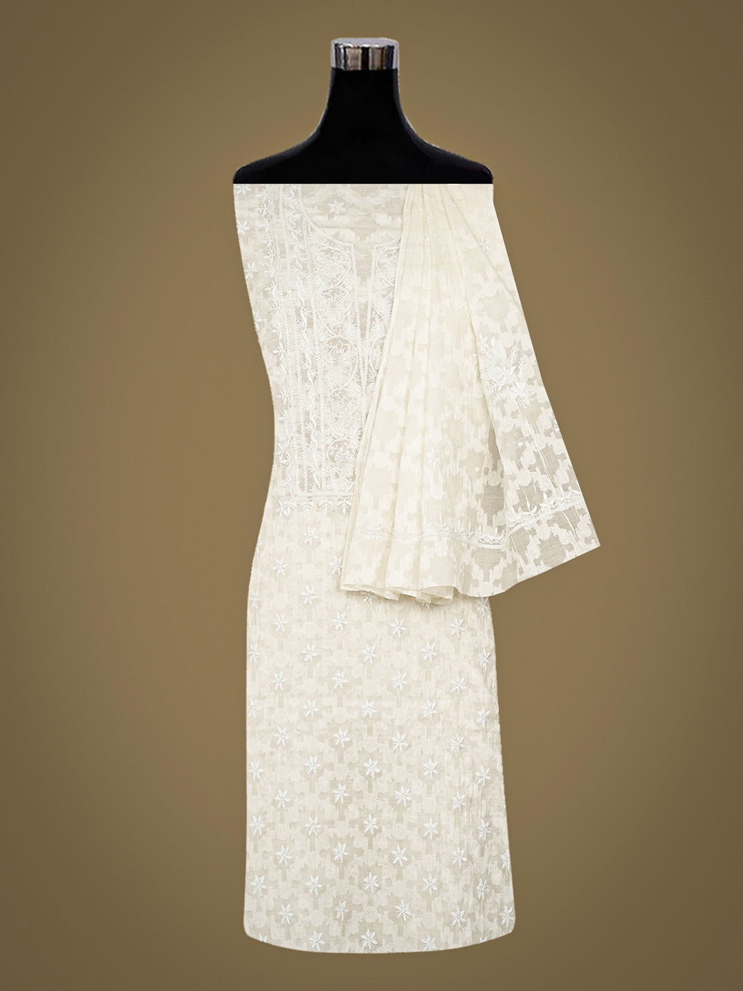 Ada Hand Embroidered White Cornsilk  Chanderi Lucknowi Chikankari Unstitched Kurta Dupatta Set With Cutdana Work 01A972736