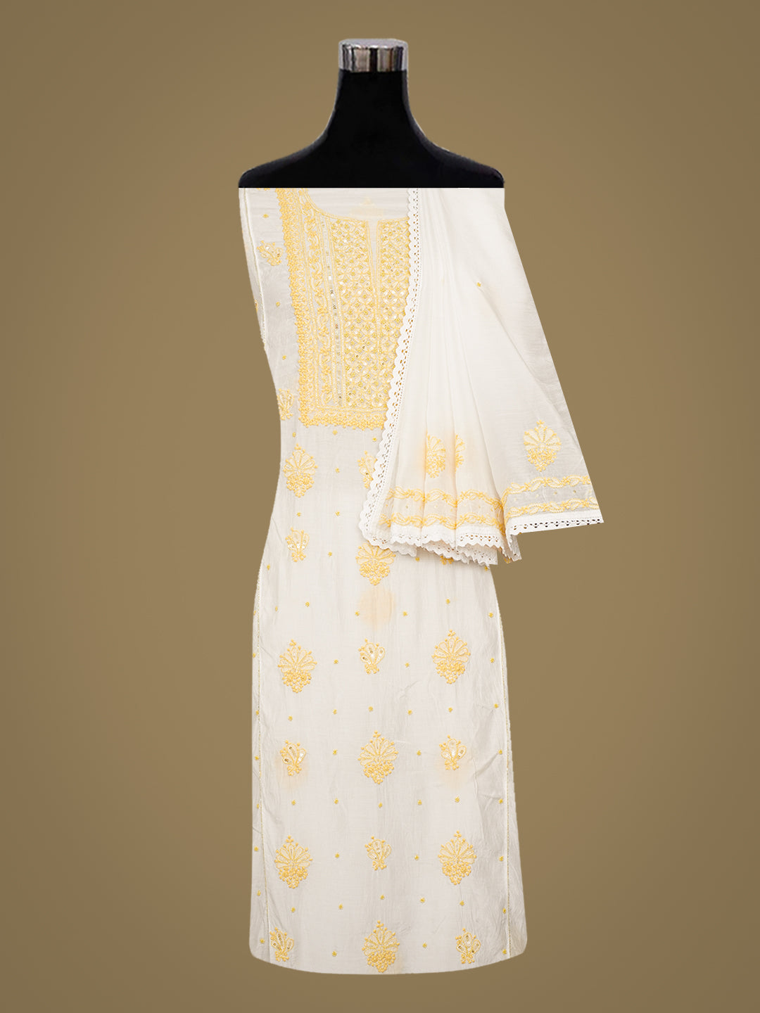 Ada Hand Embroidered White Cornsilk Muslin Lucknowi Chikankari Semi-Stitched Kurta Dupatta Set With Cutdana Work 01A1003713