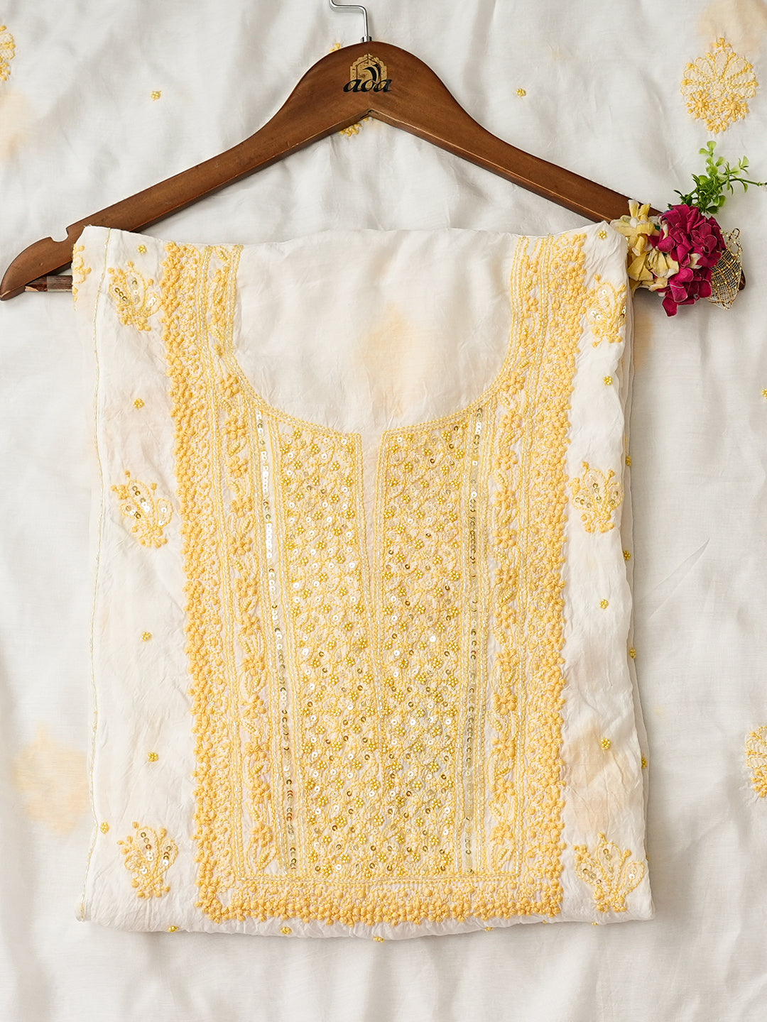 Ada Hand Embroidered White Cornsilk Muslin Lucknowi Chikankari Semi-Stitched Kurta Dupatta Set With Cutdana Work 01A1003713