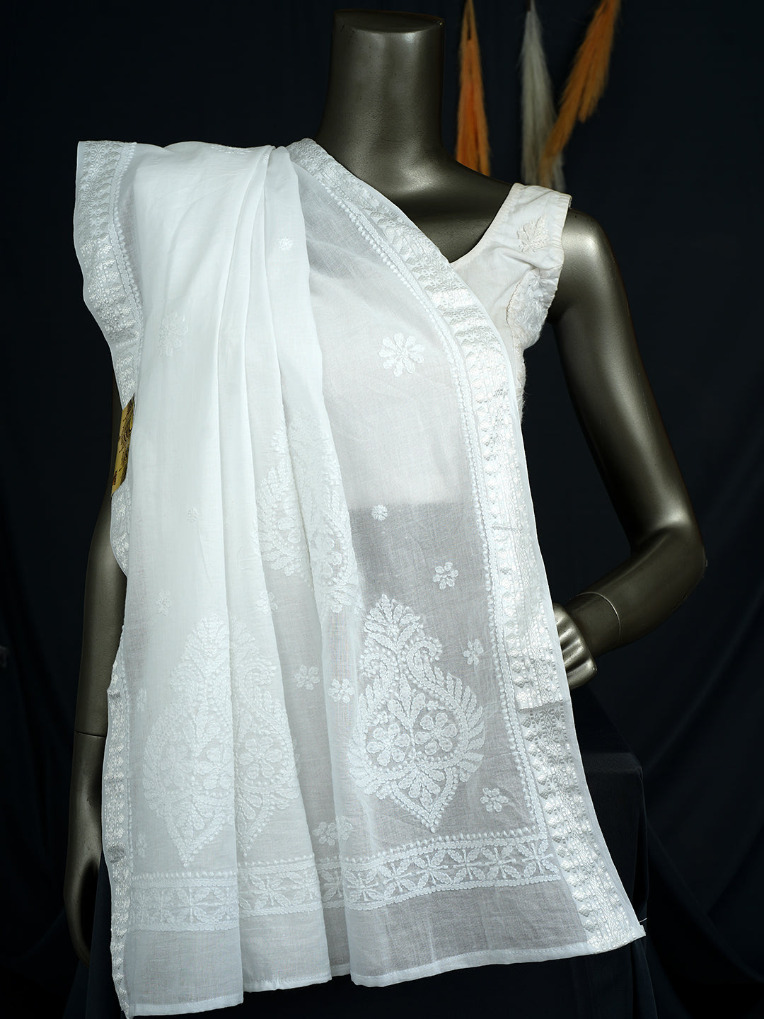 Ada Hand Embroidered White Cotton Lucknowi Chikankari Dupatta 01A1010163