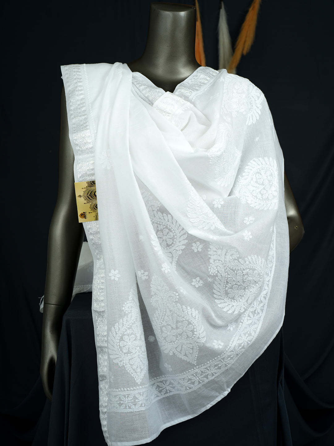 Ada Hand Embroidered White Cotton Lucknowi Chikankari Dupatta 01A1010163