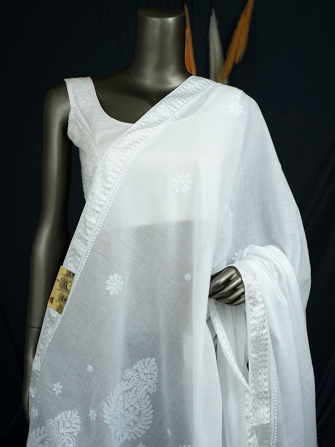 Ada Hand Embroidered White Cotton Lucknowi Chikankari Dupatta 01A1010163