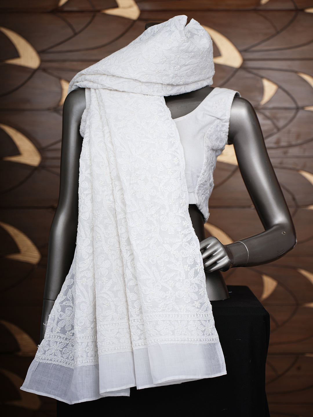 Ada Hand Embroidered White Cotton Lucknowi Chikankari Dupatta 01A793246