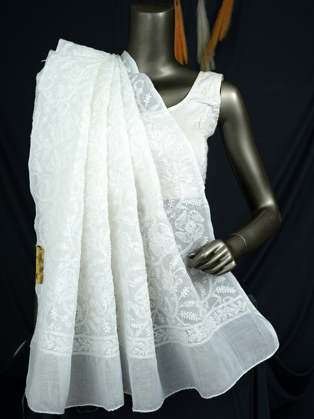 Ada Hand Embroidered White Cotton Lucknowi Chikankari Dupatta 01A966804