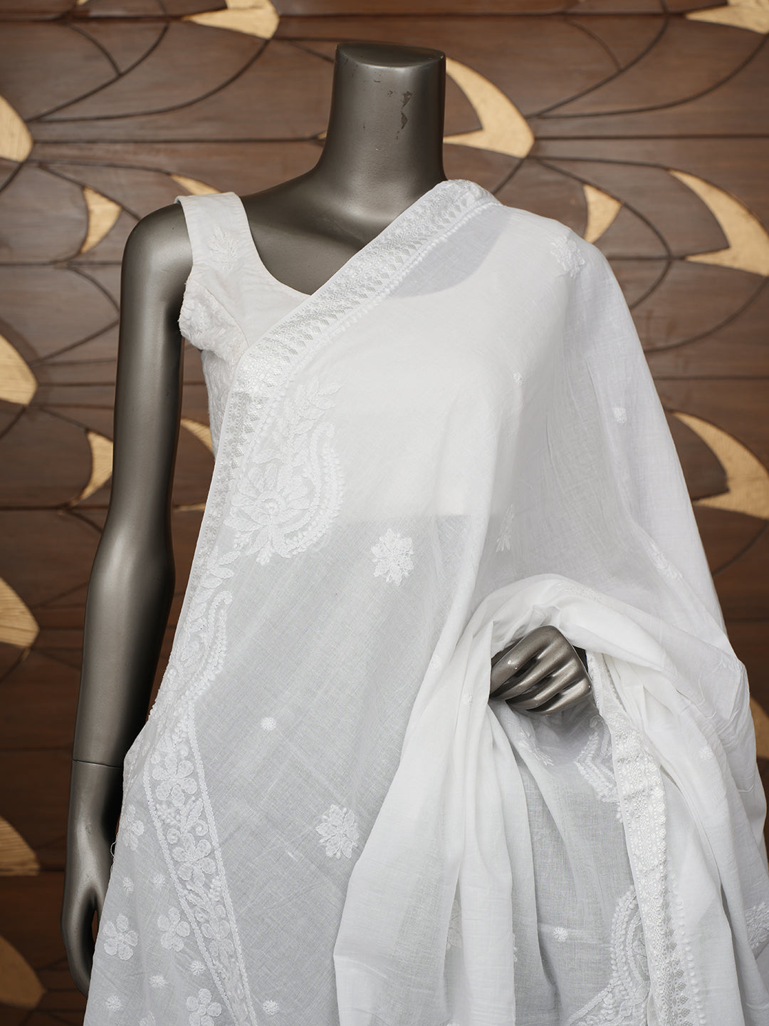 Ada Hand Embroidered White Cotton Lucknowi Chikankari Dupatta 01A988494