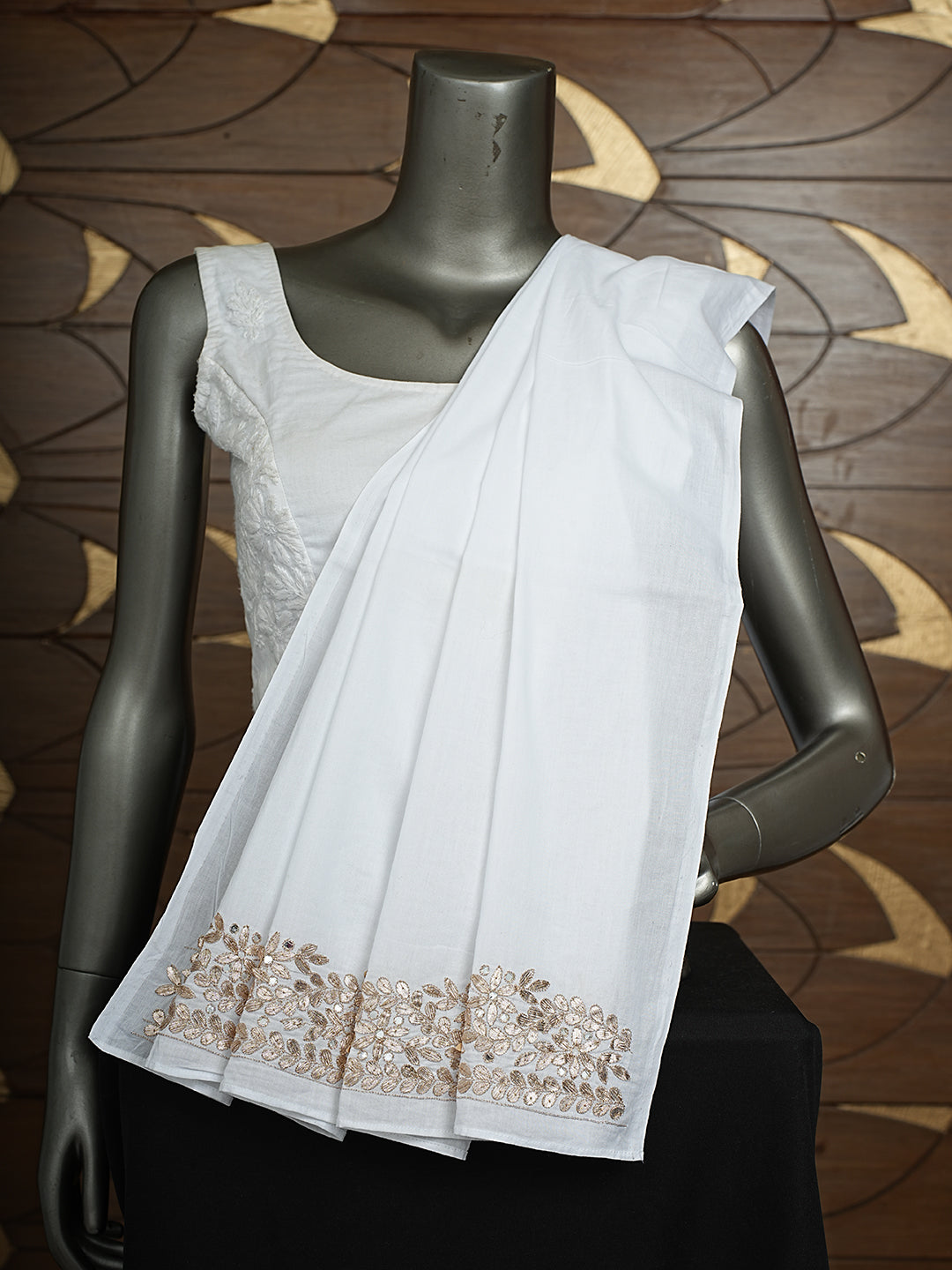 Ada Hand Embroidered White Cotton Lucknowi Chikankari Dupatta With Gota Patti Work A212631