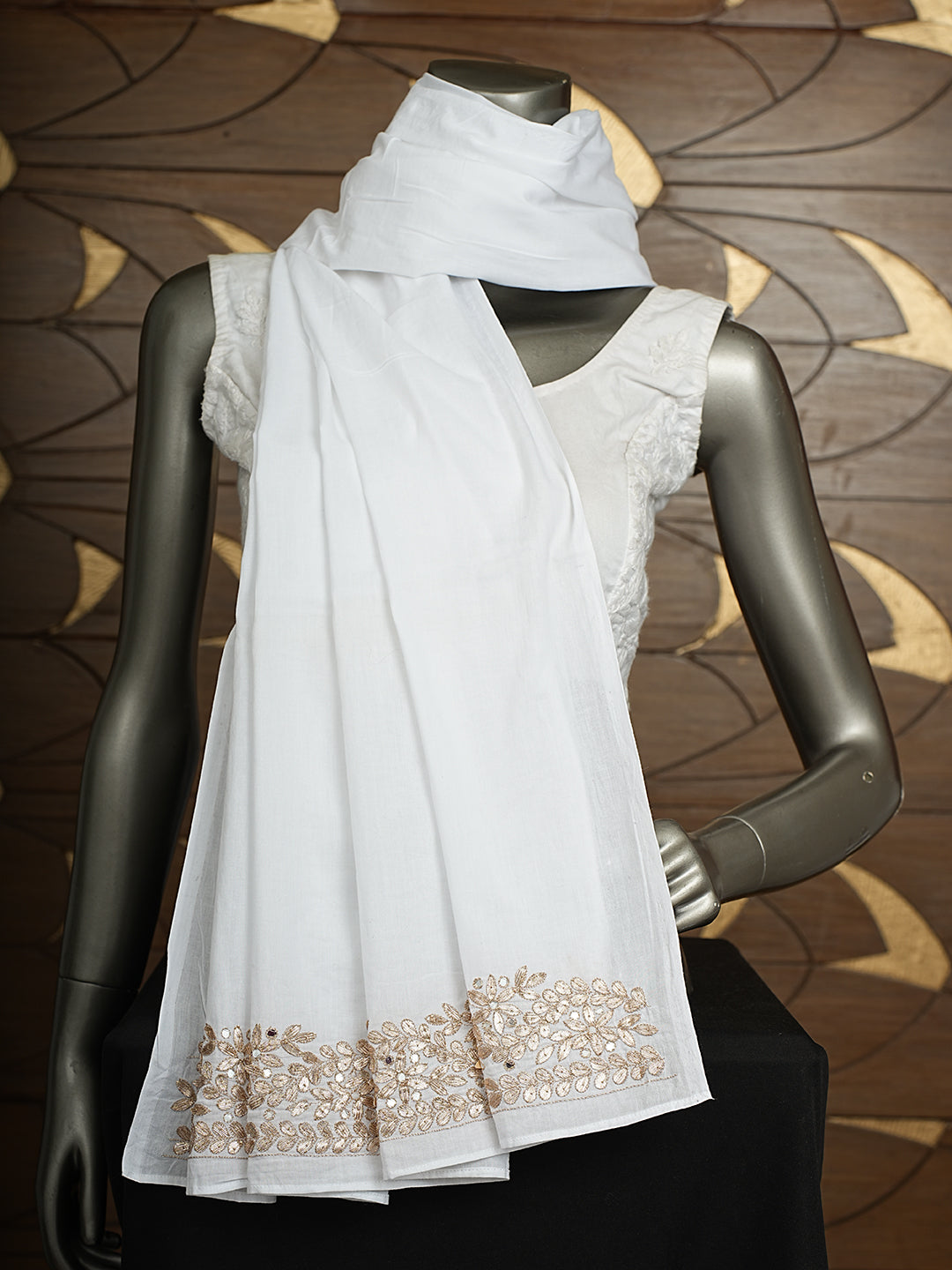 Ada Hand Embroidered White Cotton Lucknowi Chikankari Dupatta With Gota Patti Work A212631