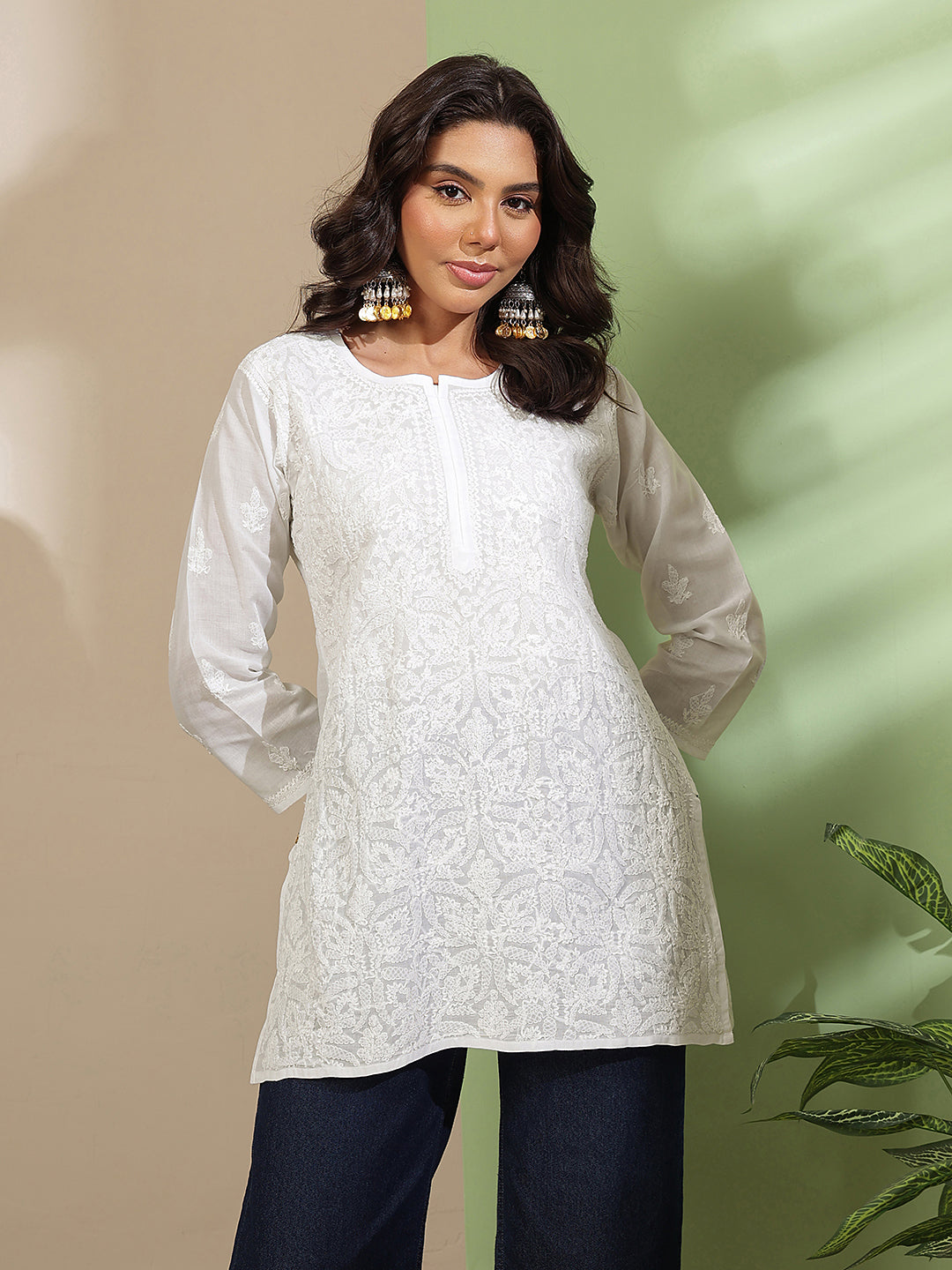 Ada Hand Embroidered White Cotton Lucknowi Chikankari Straight Kurti A911561