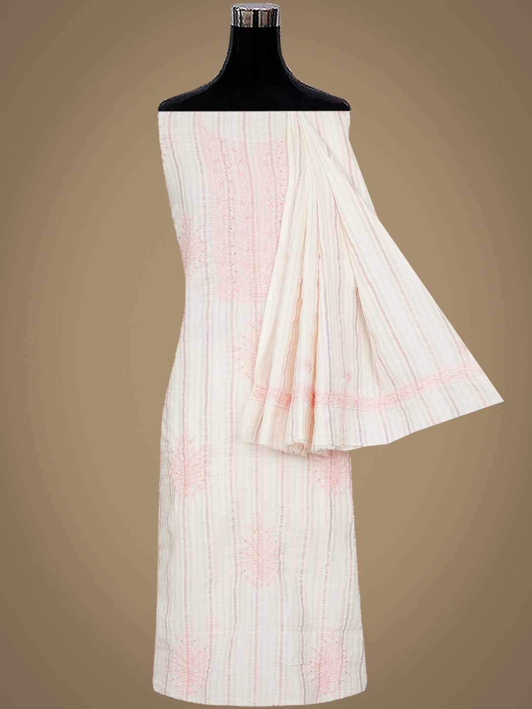 Ada Hand Embroidered White Cotton Lucknowi Chikankari Unstitched Kurta Dupatta Set 01A895841