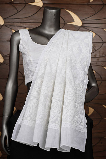 Ada Hand Embroidered White Cotton Lucknowi Chikankari Unstitched Kurta Piece 01A954319