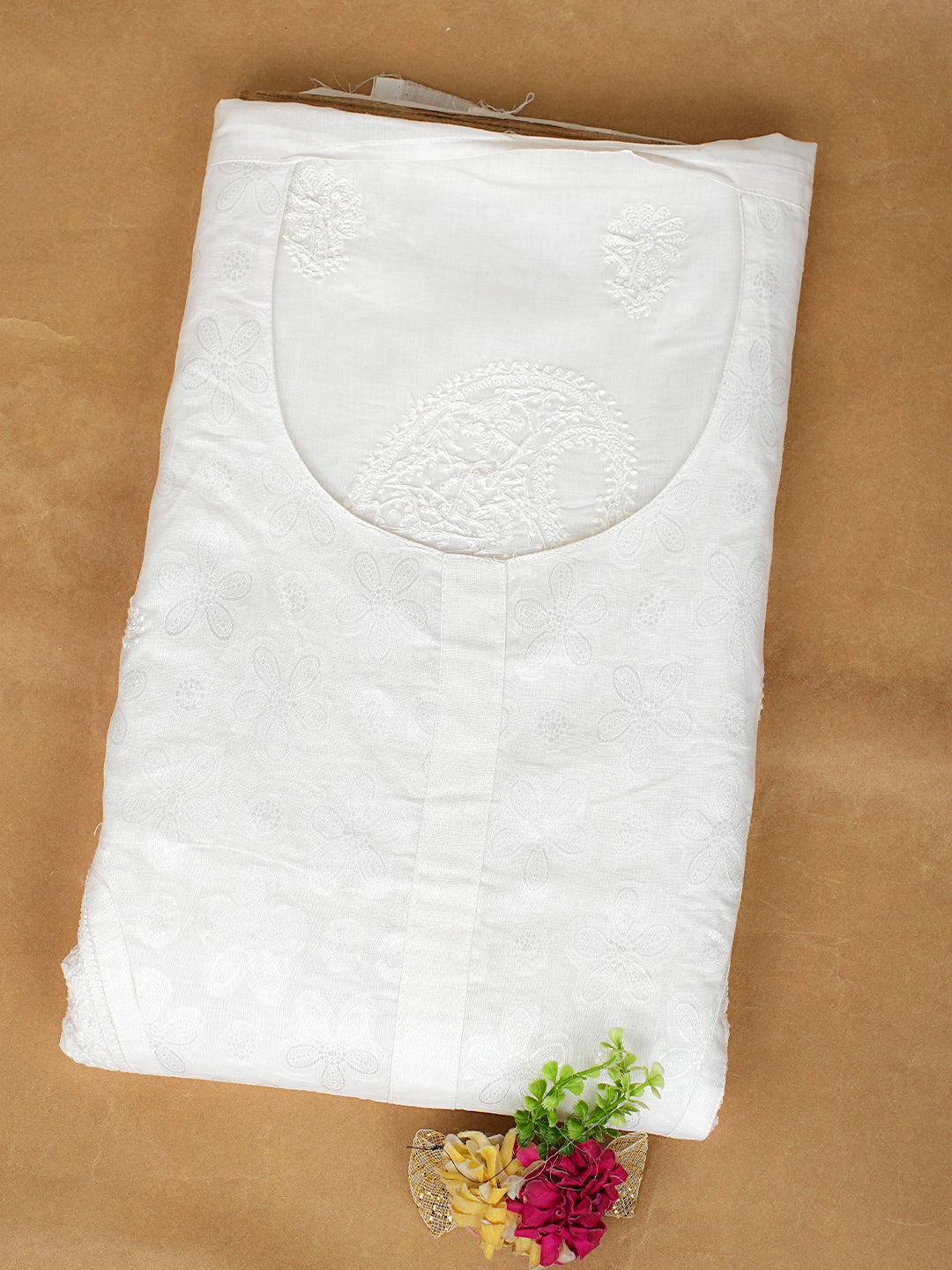 Ada Hand Embroidered White Cotton Lucknowi Chikankari Unstitched Kurta Piece A119589