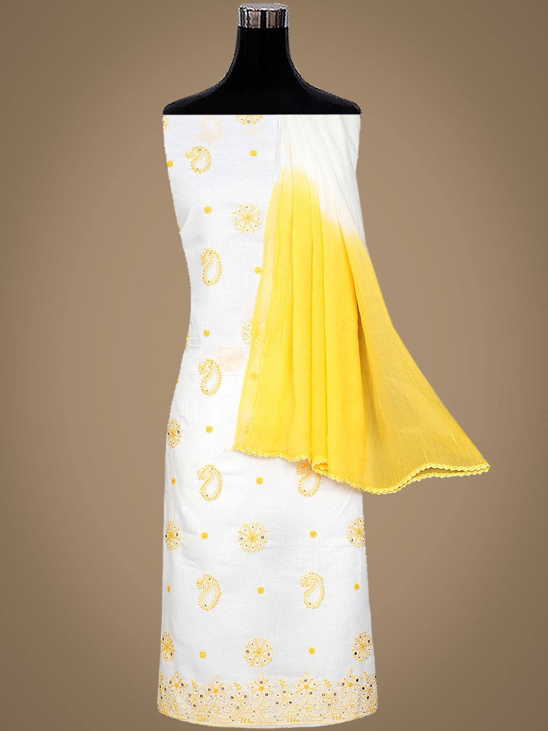 Hand Embroidered White Cotton Chikankari Dress Material by Ada