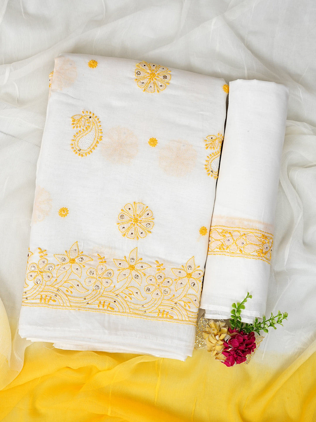 Ada White Cotton Lucknowi Chikankari Unstitched Suit Piece for Women