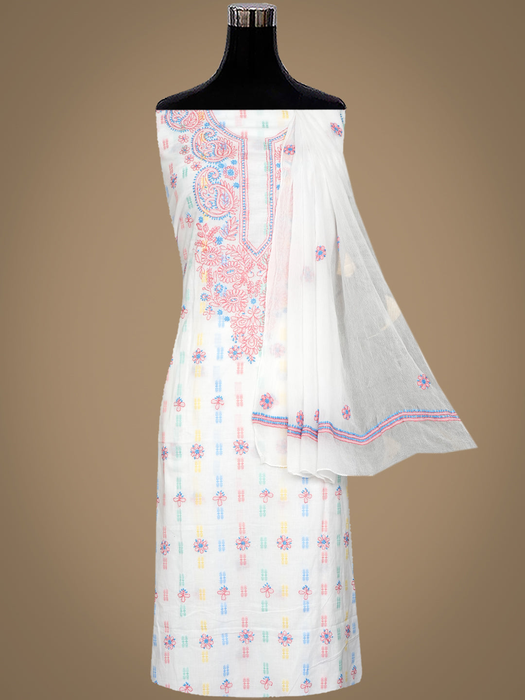 Ada Hand Embroidered White Cotton Lucknowi Chikankari Unstitched Suit Piece 01A994249