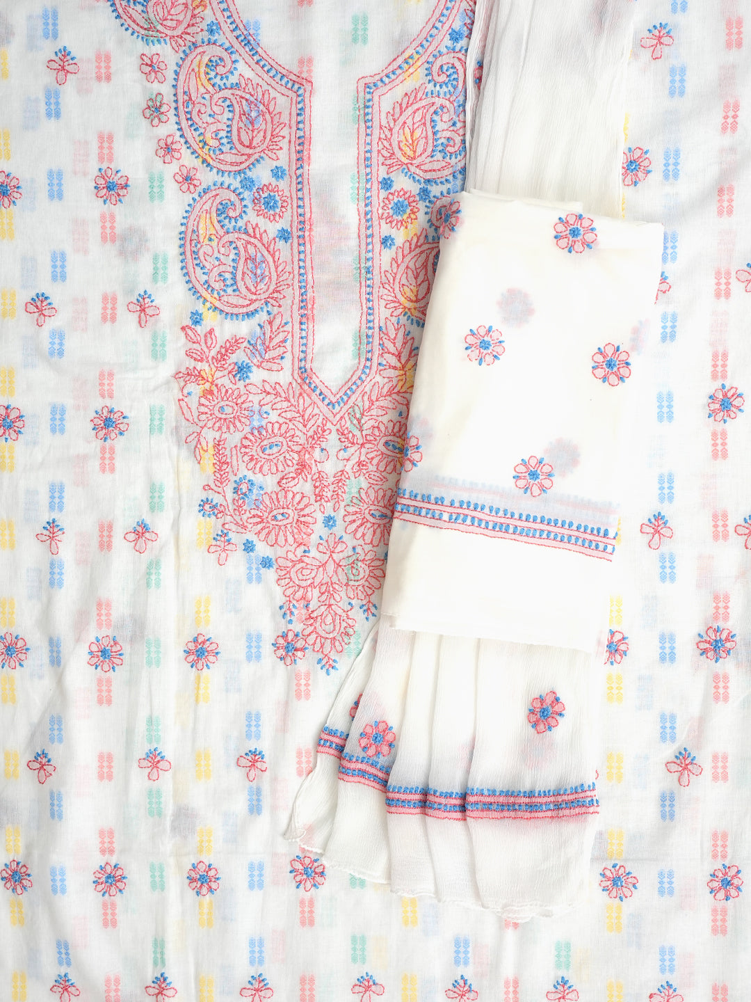 Ada Hand Embroidered White Cotton Lucknowi Chikankari Unstitched Suit Piece 01A994249
