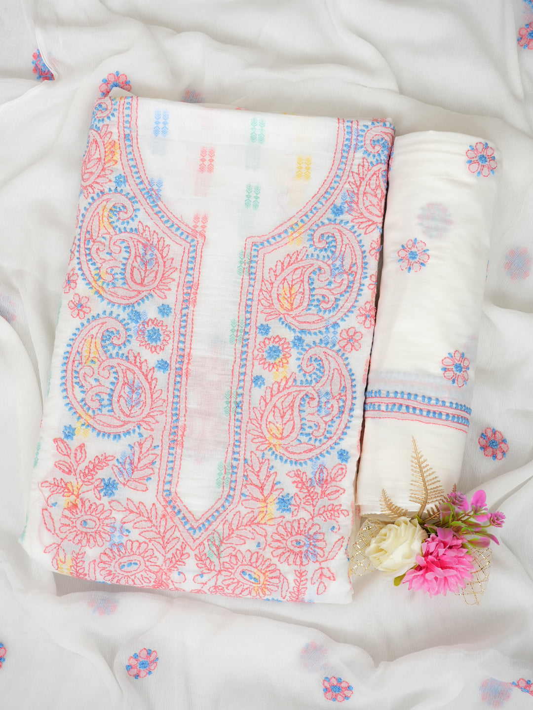 Ada Hand Embroidered White Cotton Lucknowi Chikankari Unstitched Suit Piece 01A994249