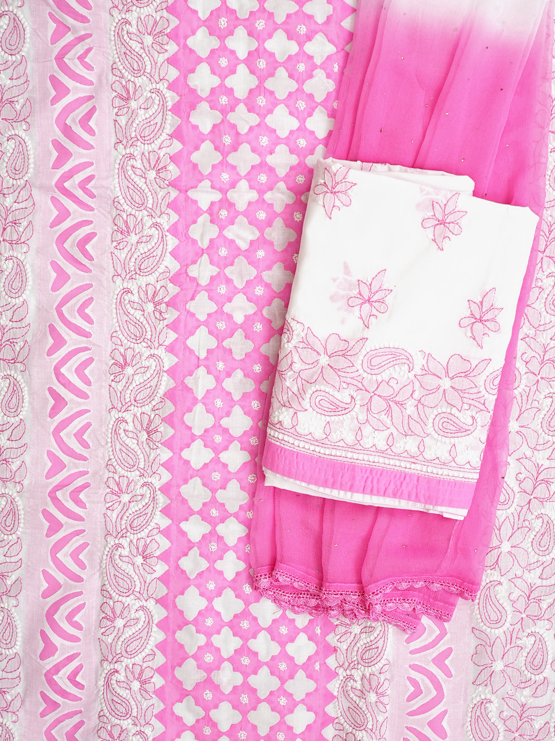 Ada Hand Embroidered White Cotton Lucknowi Chikankari Unstitched Suit Piece 01A845314