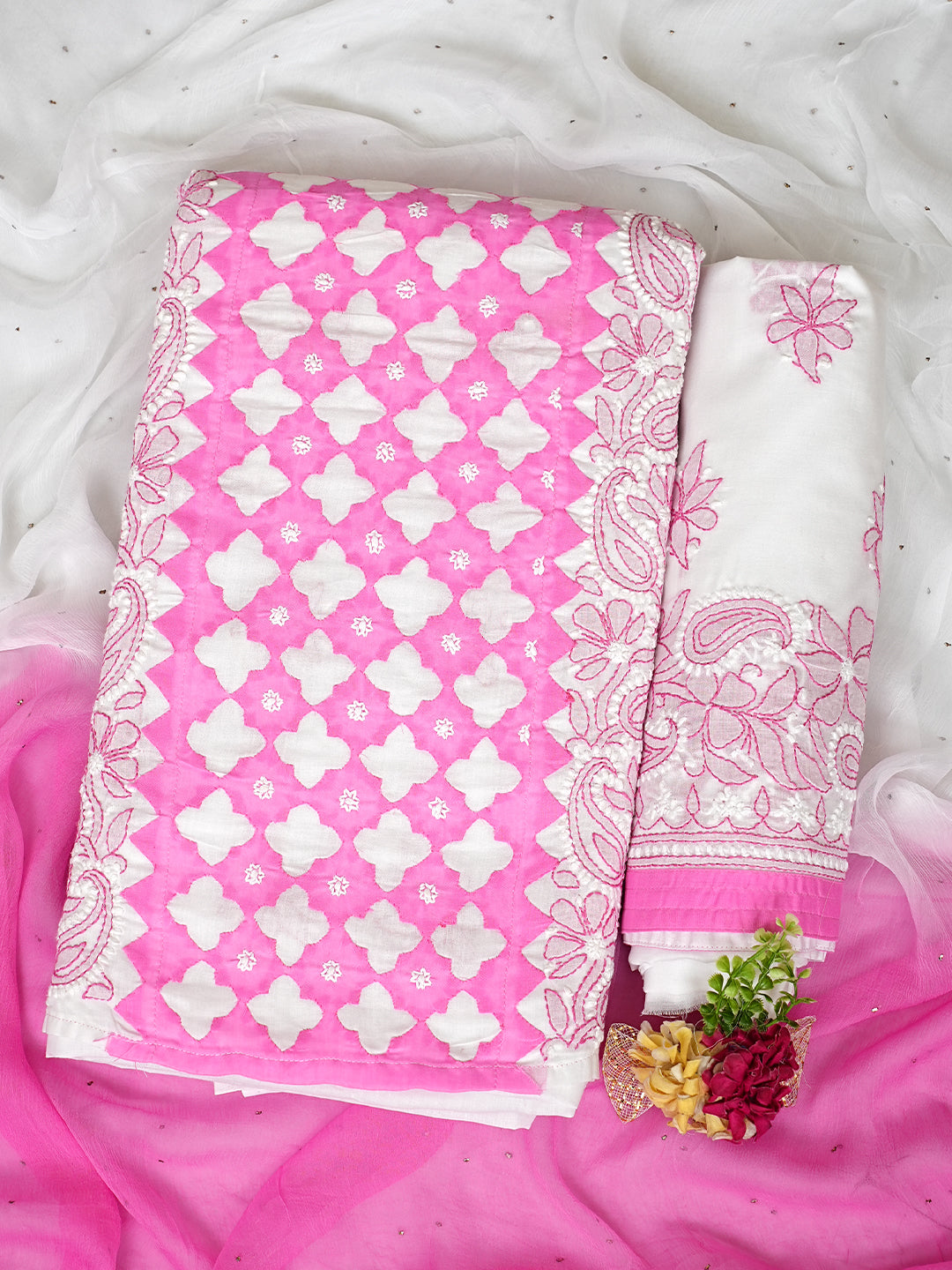 Ada Hand Embroidered White Cotton Lucknowi Chikankari Unstitched Suit Piece 01A845314