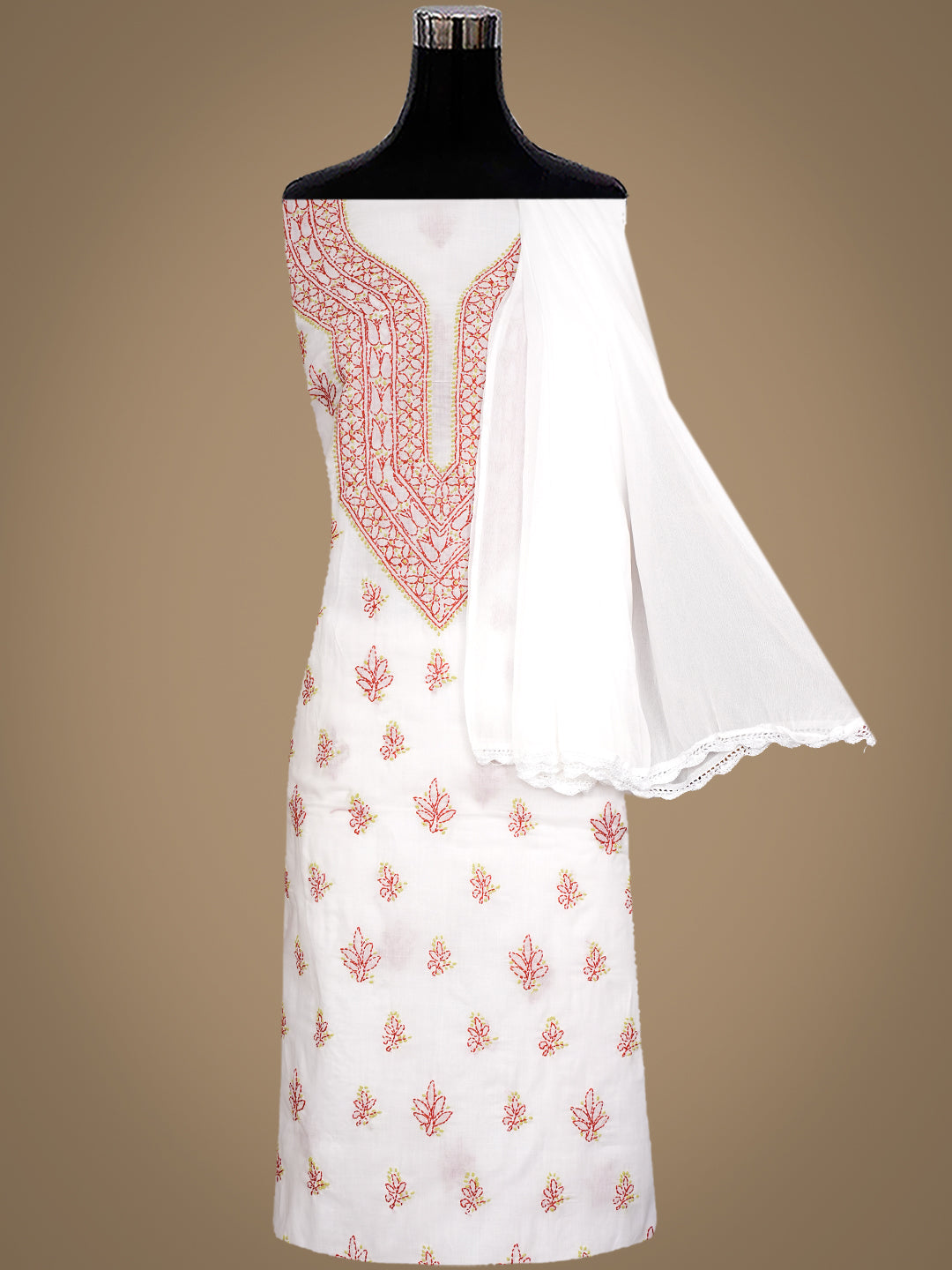 Ada Hand Embroidered White Cotton Lucknowi Chikankari Unstitched Suit Piece With Chiffon Dupatta 01A1001695
