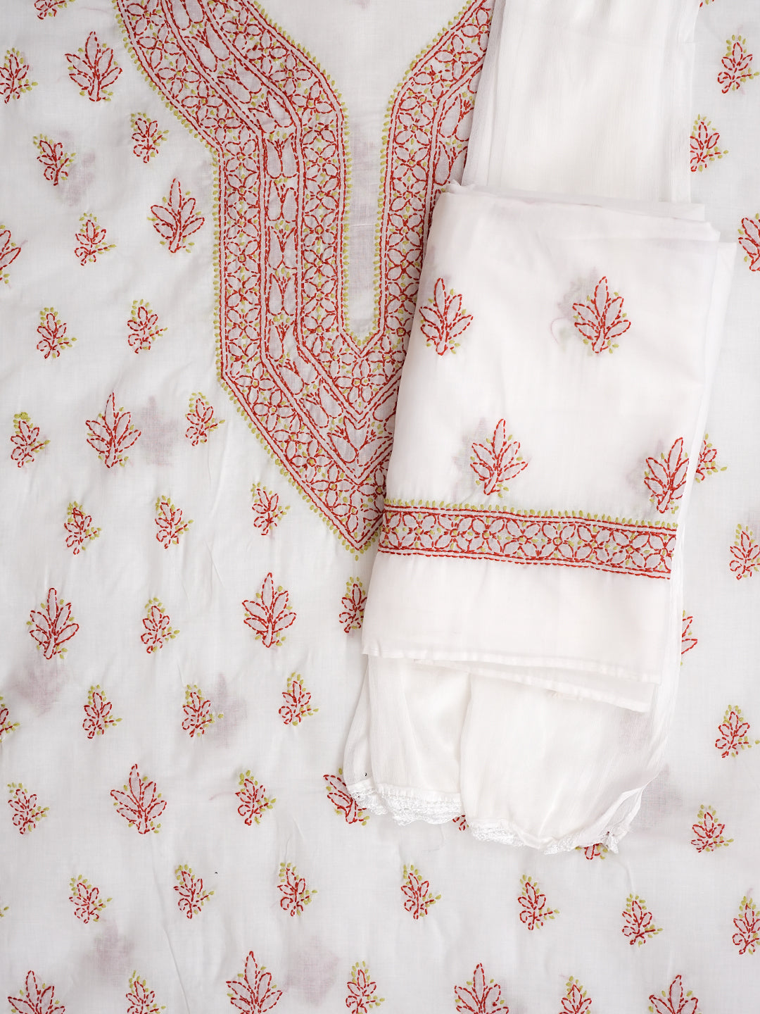 Ada Hand Embroidered White Cotton Lucknowi Chikankari Unstitched Suit Piece With Chiffon Dupatta 01A1001695