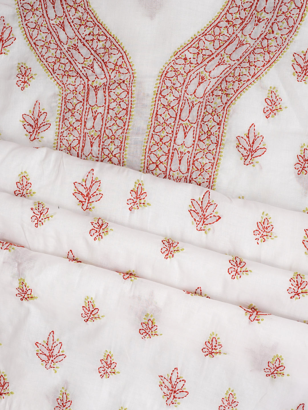 Ada Hand Embroidered White Cotton Lucknowi Chikankari Unstitched Suit Piece With Chiffon Dupatta 01A1001695