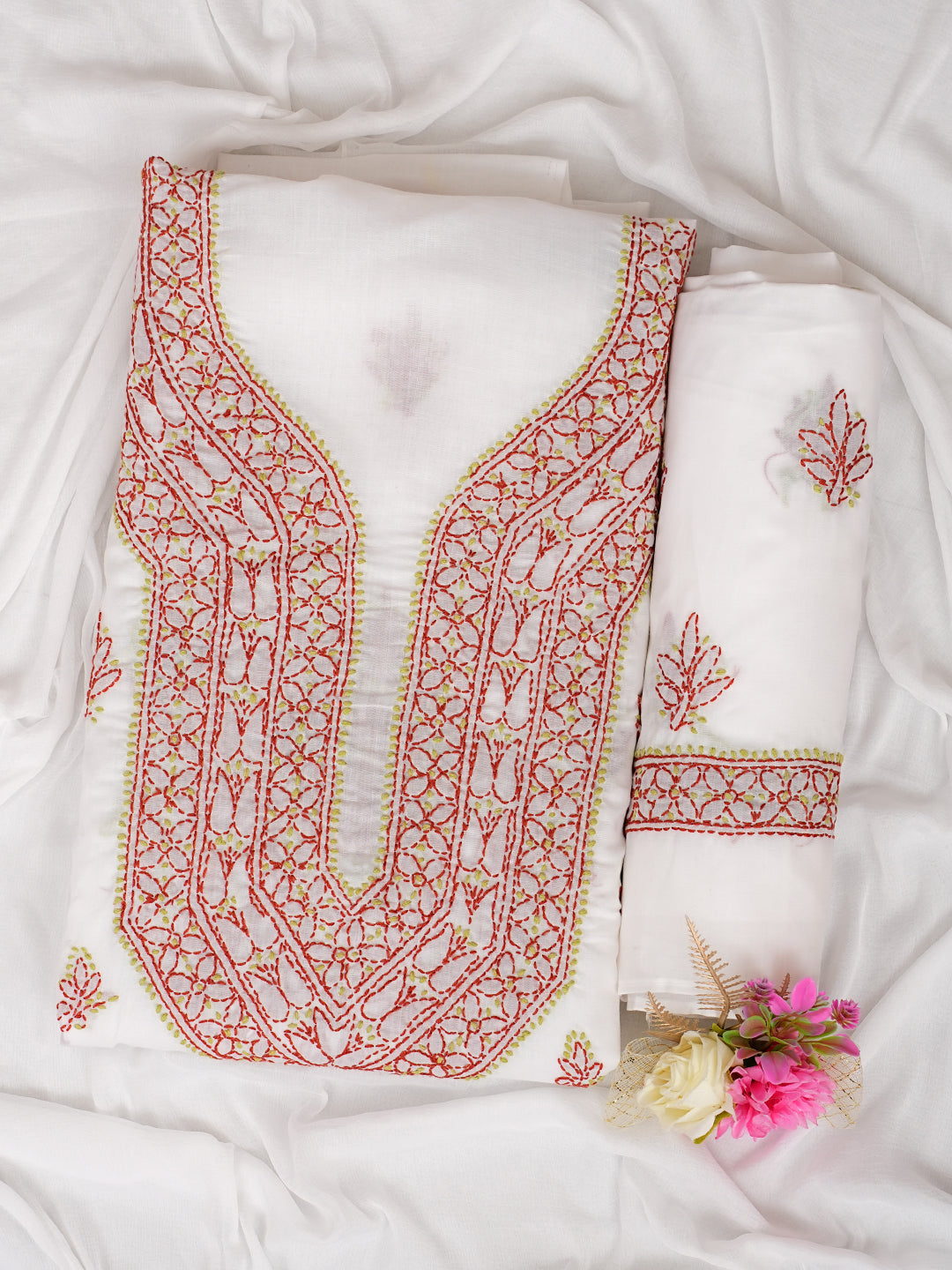 Ada Hand Embroidered White Cotton Lucknowi Chikankari Unstitched Suit Piece With Chiffon Dupatta 01A1001695