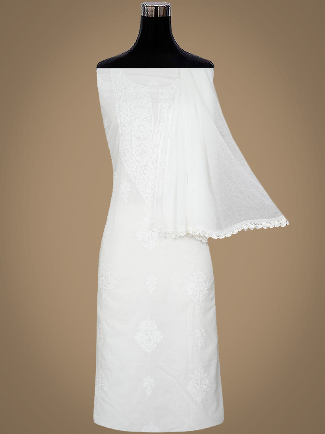Ada Hand Embroidered White Cotton Lucknowi Chikankari Unstitched Suit Piece With Chiffon Dupatta_3