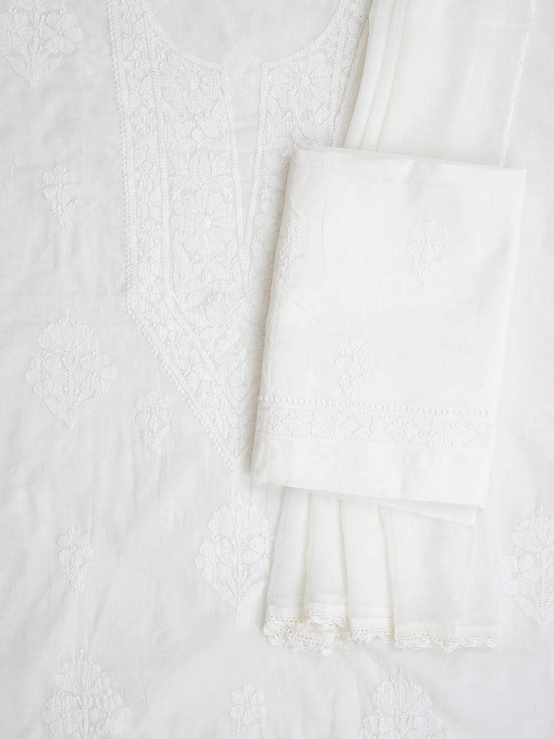 Ada Hand Embroidered White Cotton Lucknowi Chikankari Unstitched Suit Piece With Chiffon Dupatta_5