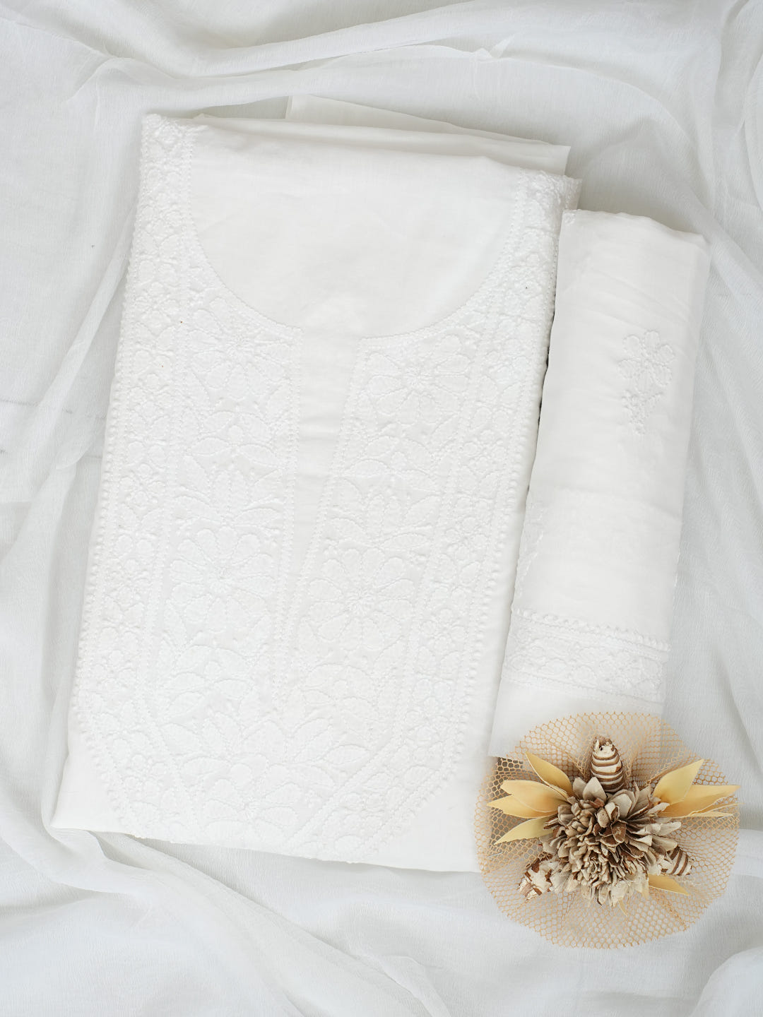 Ada Hand Embroidered White Cotton Lucknowi Chikankari Unstitched Suit Piece With Chiffon Dupatta_1