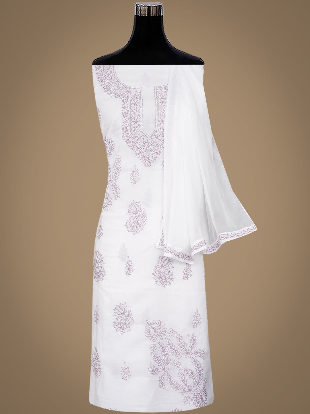 Ada Hand Embroidered White Cotton Lucknowi Chikankari Unstitched Suit Piece With Chiffon Dupatta 01A981788