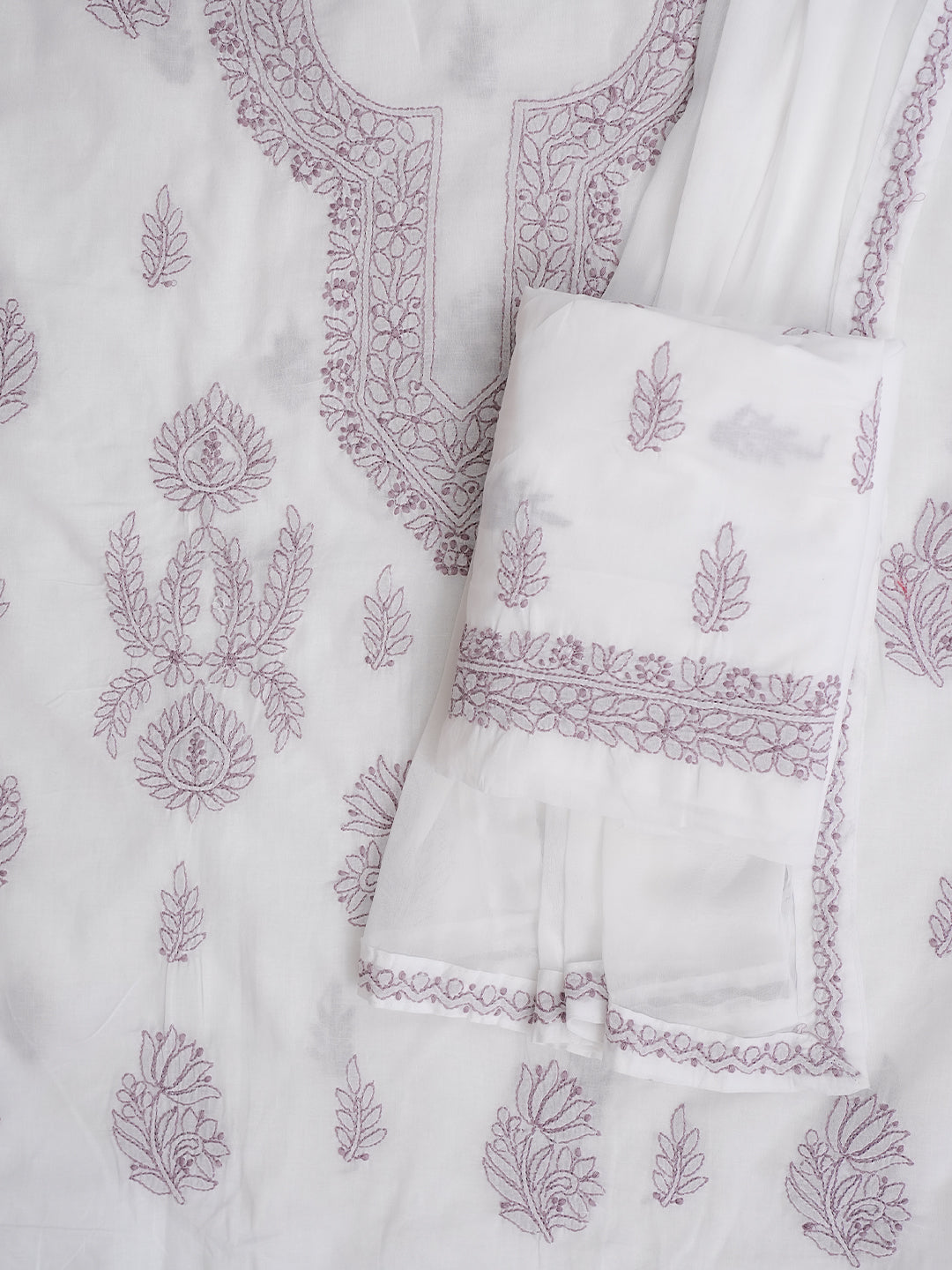 Ada Hand Embroidered White Cotton Lucknowi Chikankari Unstitched Suit Piece With Chiffon Dupatta 01A981788