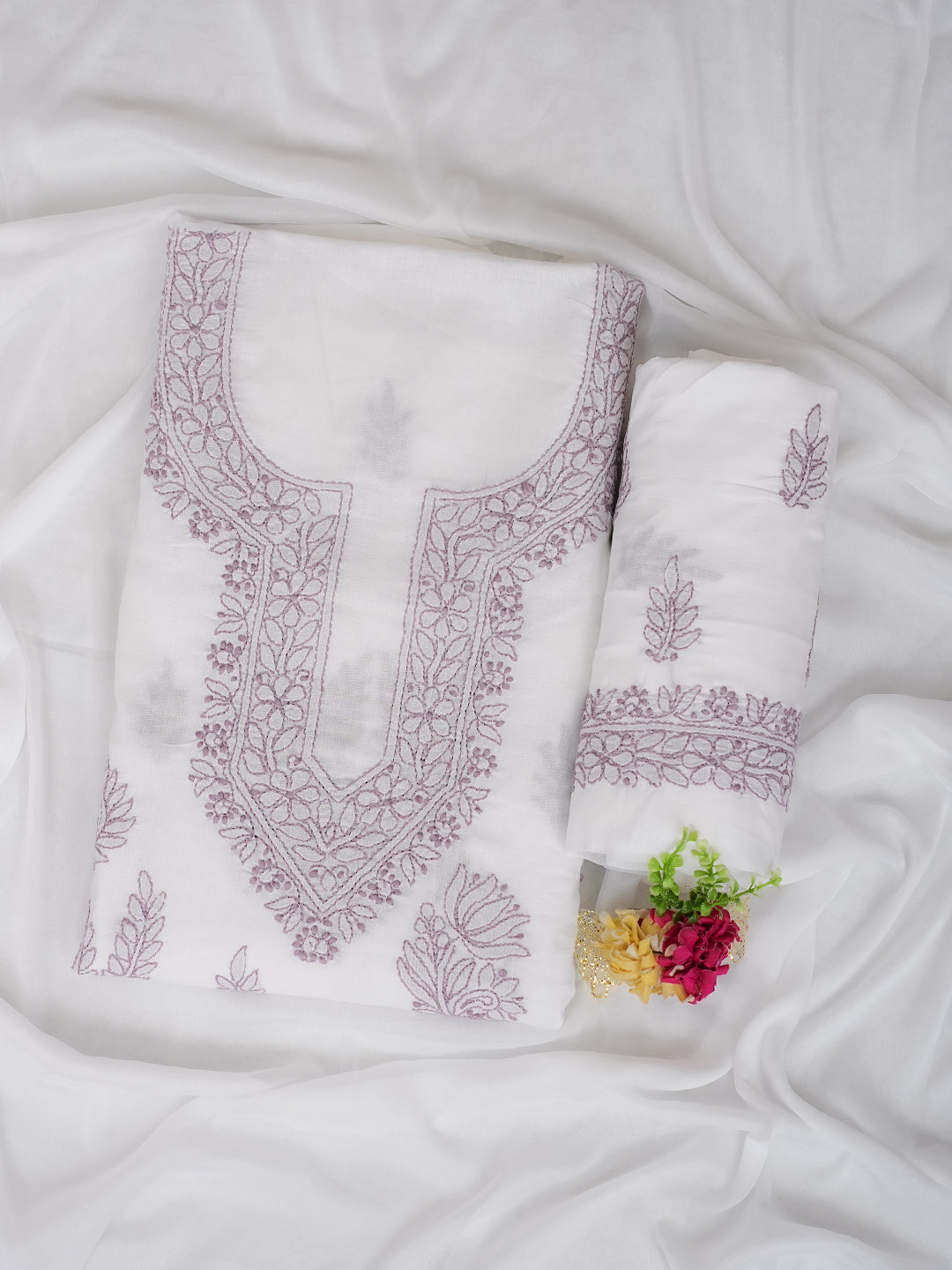 Ada Hand Embroidered White Cotton Lucknowi Chikankari Unstitched Suit Piece With Chiffon Dupatta 01A981788