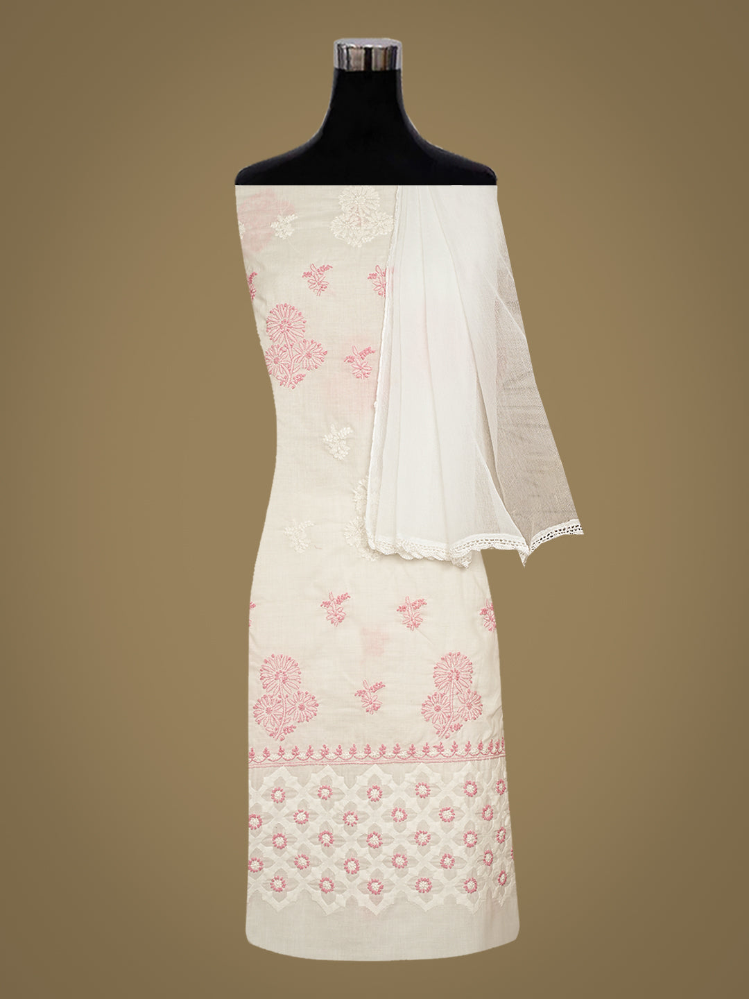 Ada Hand Embroidered White Cotton Lucknowi Chikankari Unstitched Suit Set 01A999106