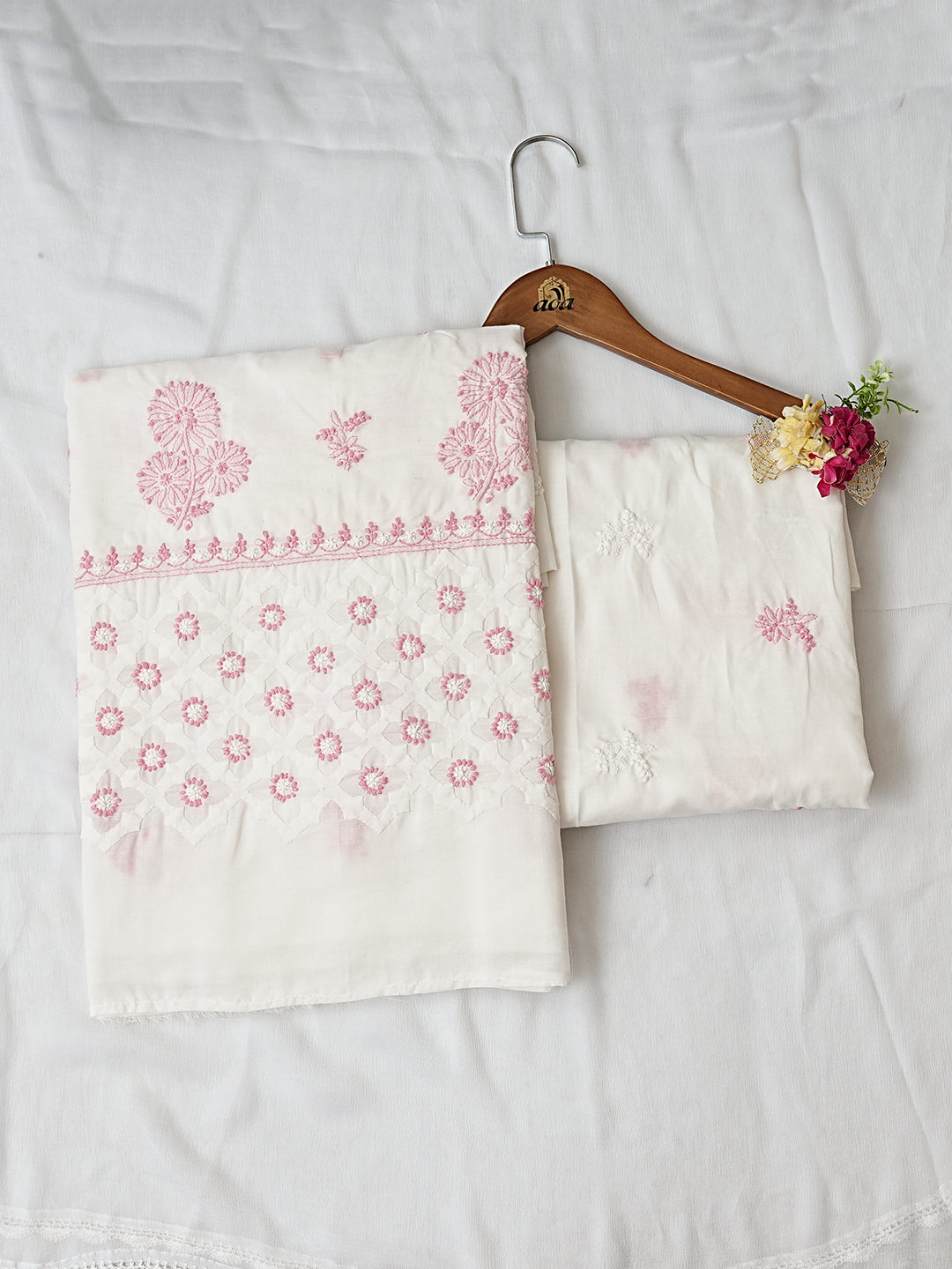Ada Hand Embroidered White Cotton Lucknowi Chikankari Unstitched Suit Set 01A999106