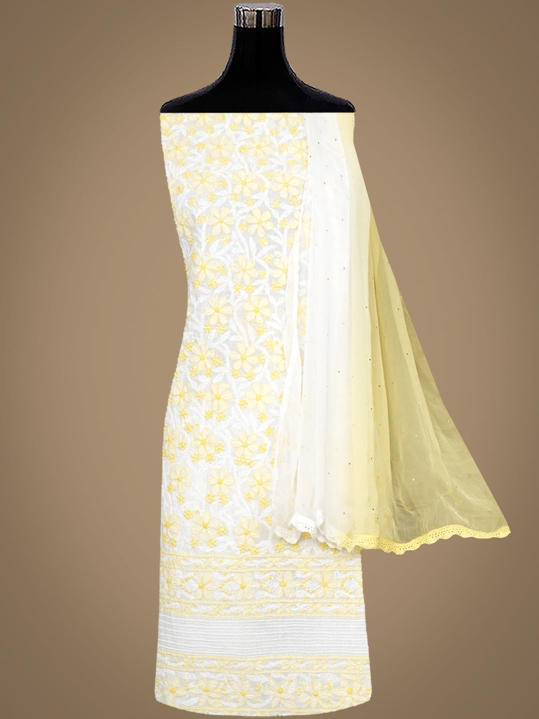 Ada Hand Embroidered White Cotton Lucknowi Chikankari Unstitched Suit Set With Chiffon Dupatta and Pearl Work 01A963778