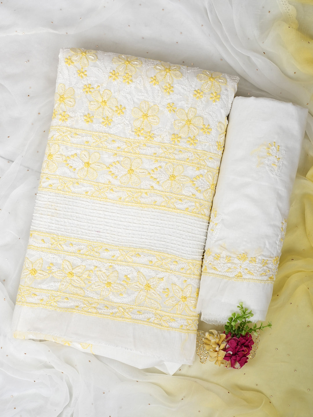 Ada Hand Embroidered White Cotton Lucknowi Chikankari Unstitched Suit Set With Chiffon Dupatta and Pearl Work 01A963778