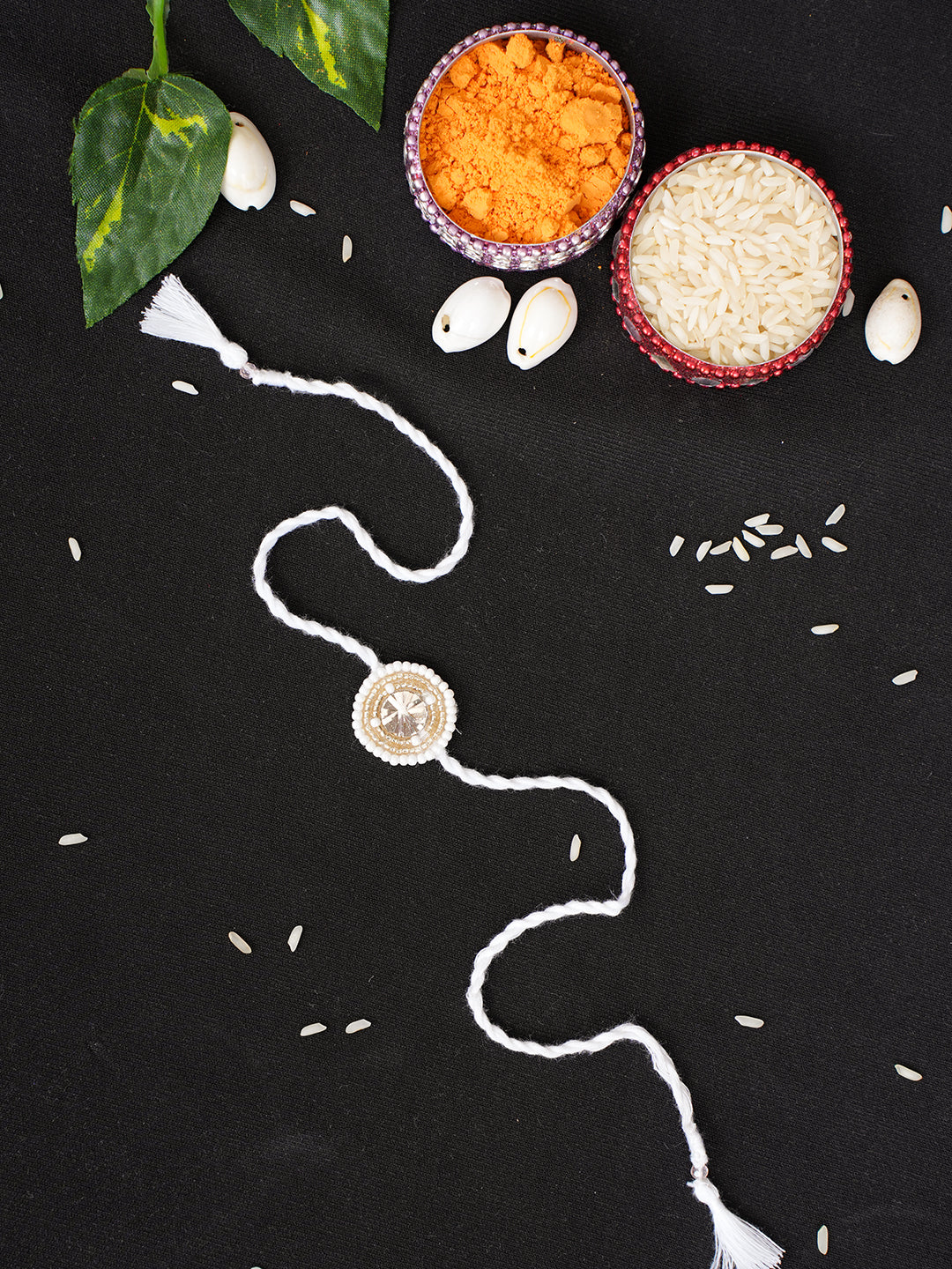 Ada Hand Embroidered White Cotton Raksha Sutra Rakhi With Muqaish/Mukaish Work_1