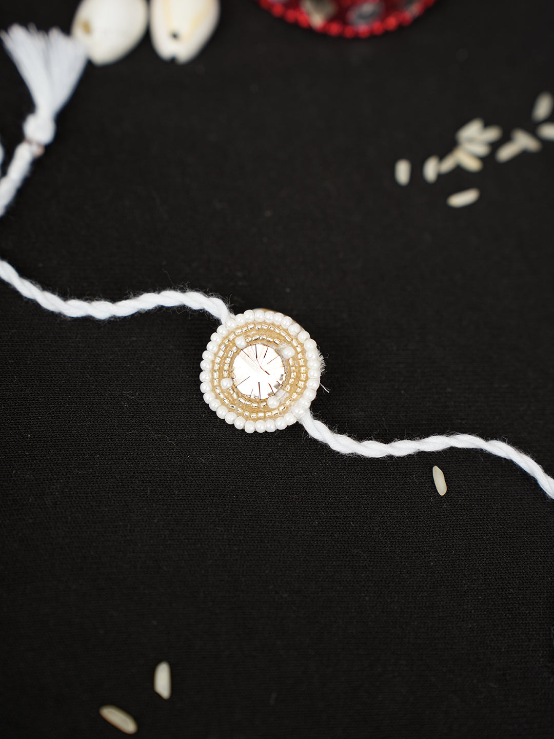 Ada Hand Embroidered White Cotton Raksha Sutra Rakhi With Muqaish/Mukaish Work_2