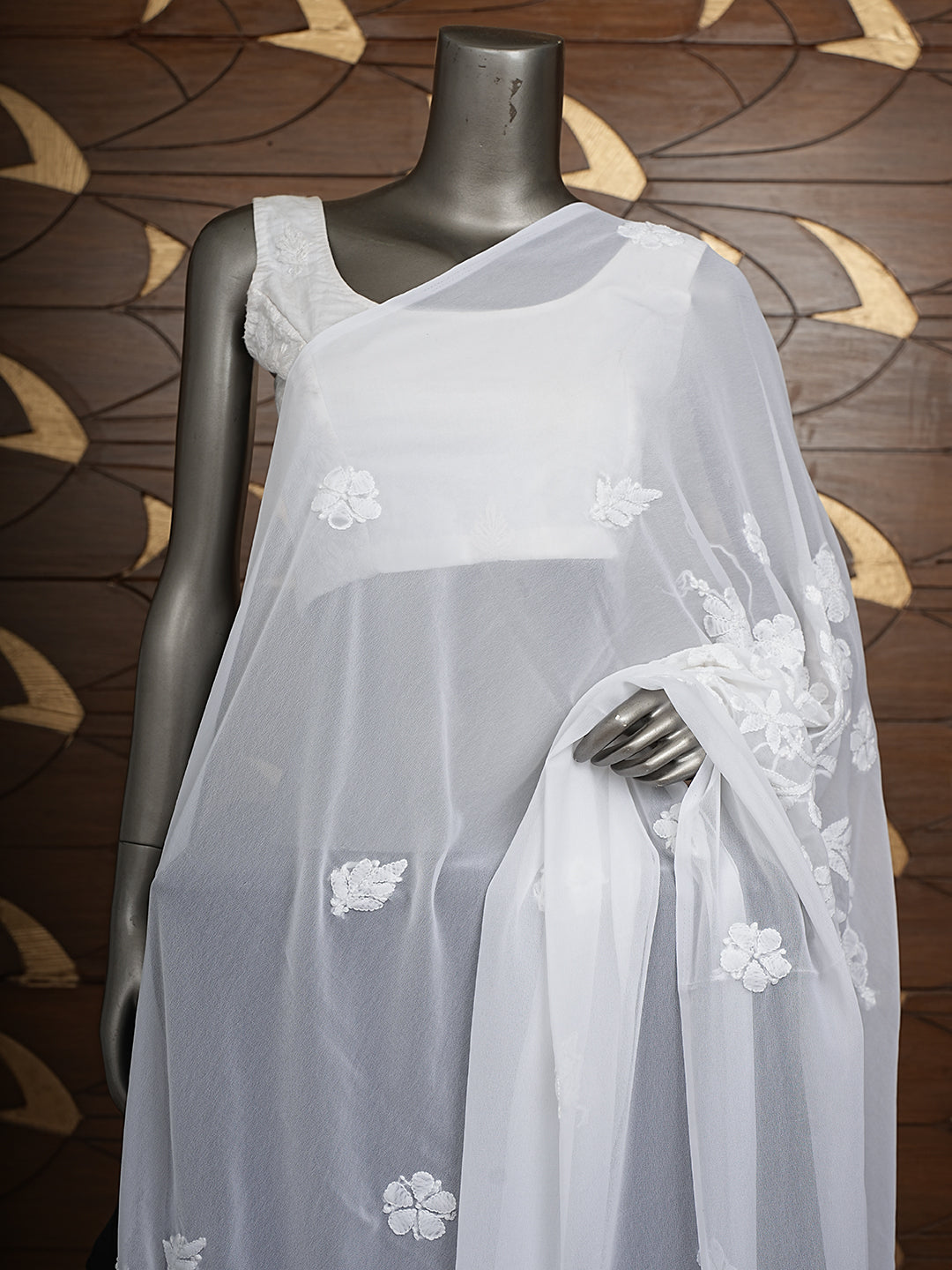 Ada Hand Embroidered White Faux Georgette Lucknowi Chikankari Dupatta 01A1010030