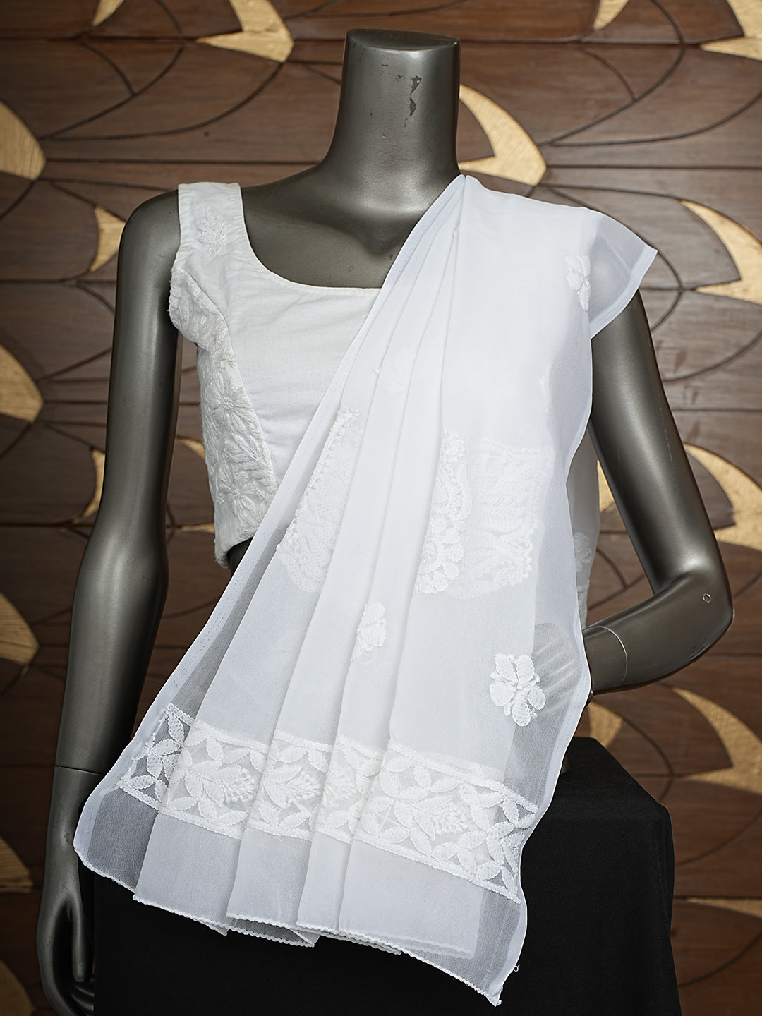 Ada Hand Embroidered White Faux Georgette Lucknowi Chikankari Dupatta 01A1010030
