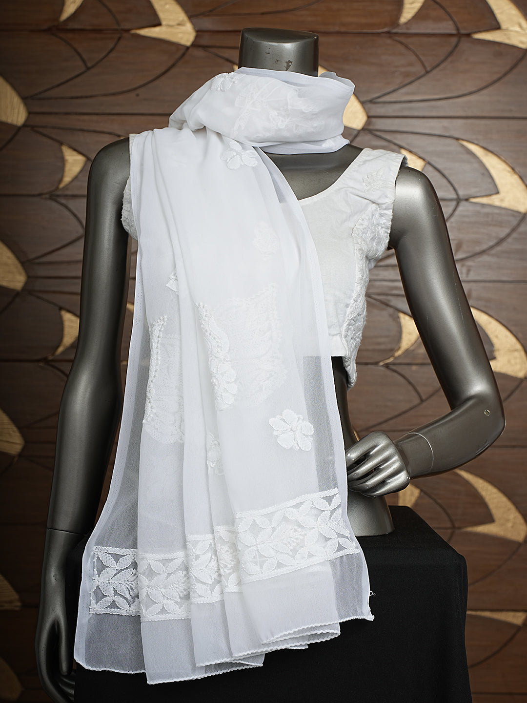 Ada Hand Embroidered White Faux Georgette Lucknowi Chikankari Dupatta 01A1010030